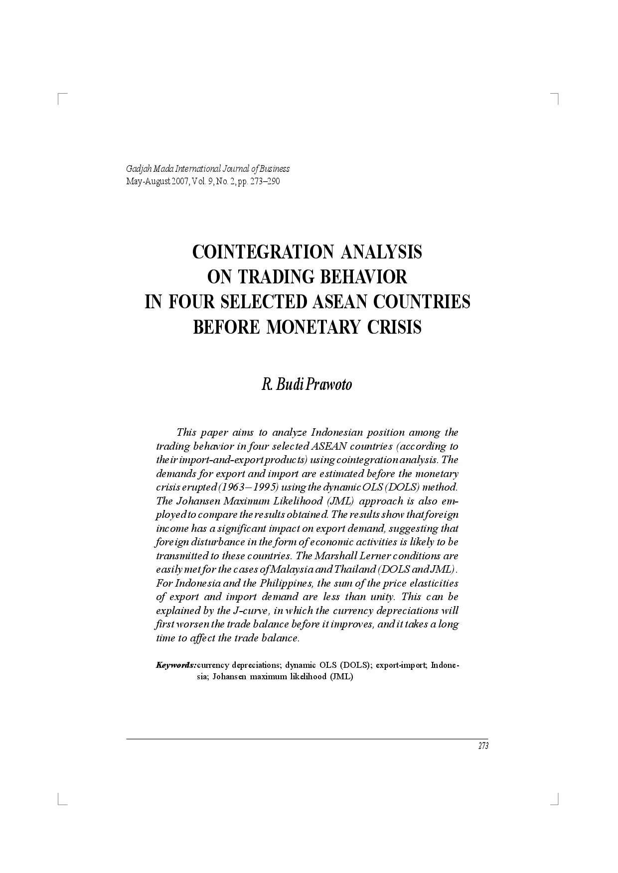 juris Cointegration analysis on trading behavior in four SELECTED asean countries BEFORE MONETARY CRISIS
