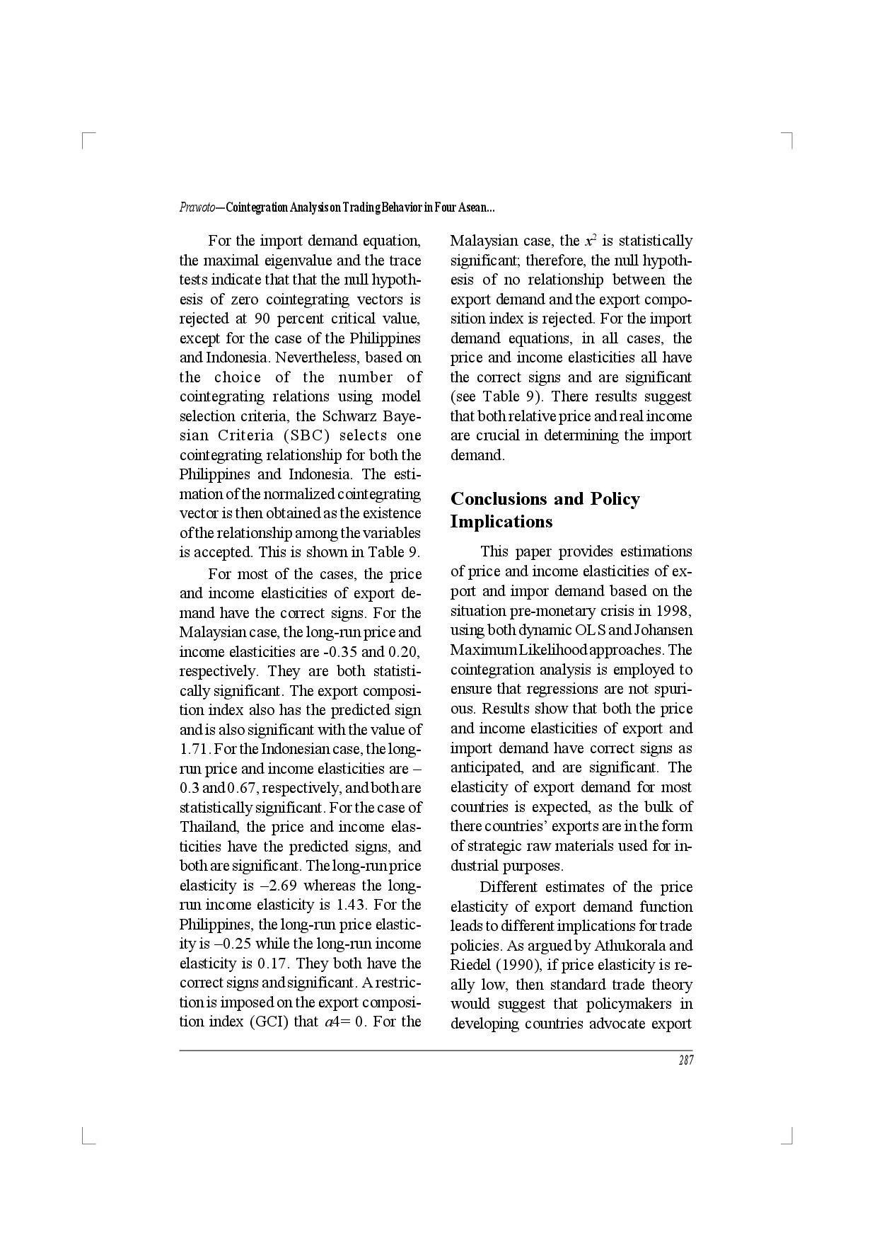 juris Cointegration analysis on trading behavior in four SELECTED asean countries BEFORE MONETARY CRISIS