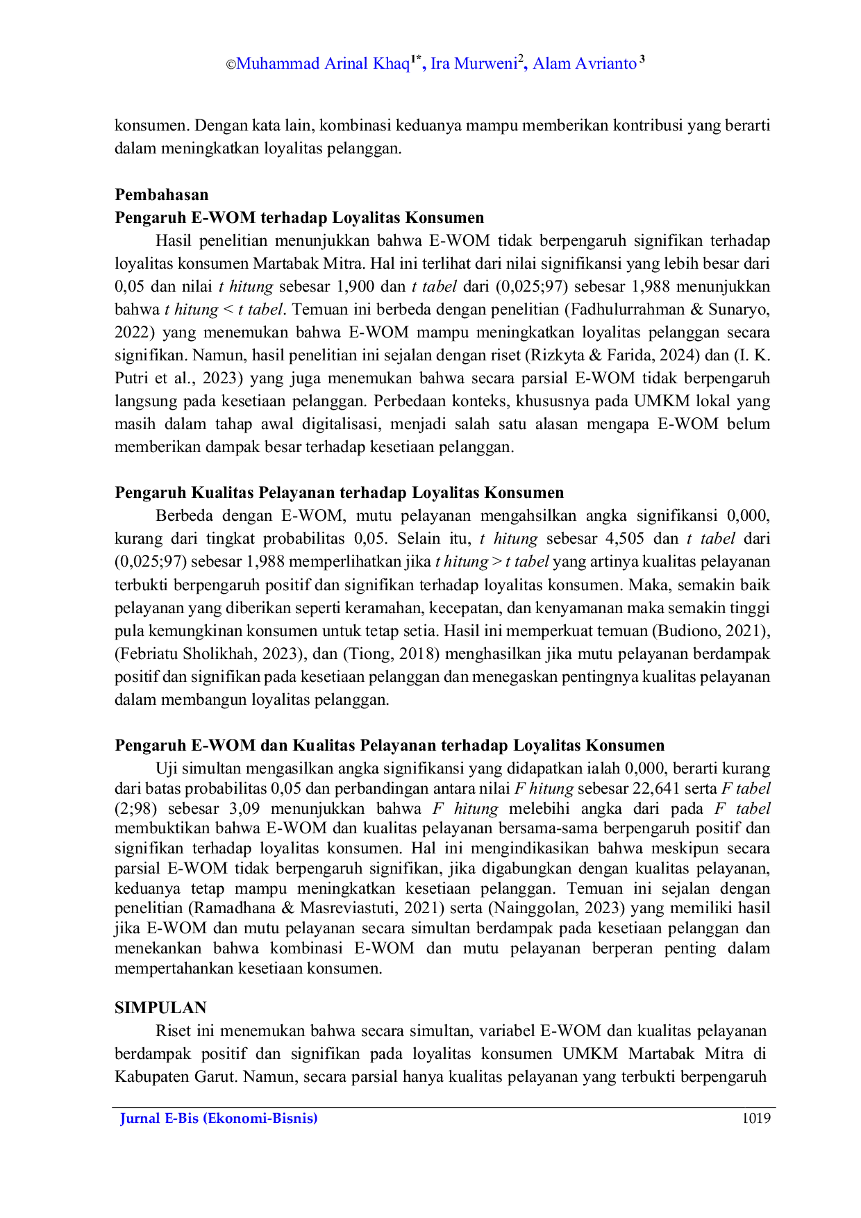 JURIS E WOM dan Kualitas Pelayanan Terhadap Loyalitas Konsumen UMKM Martabak Mitra di Kabupaten Garut