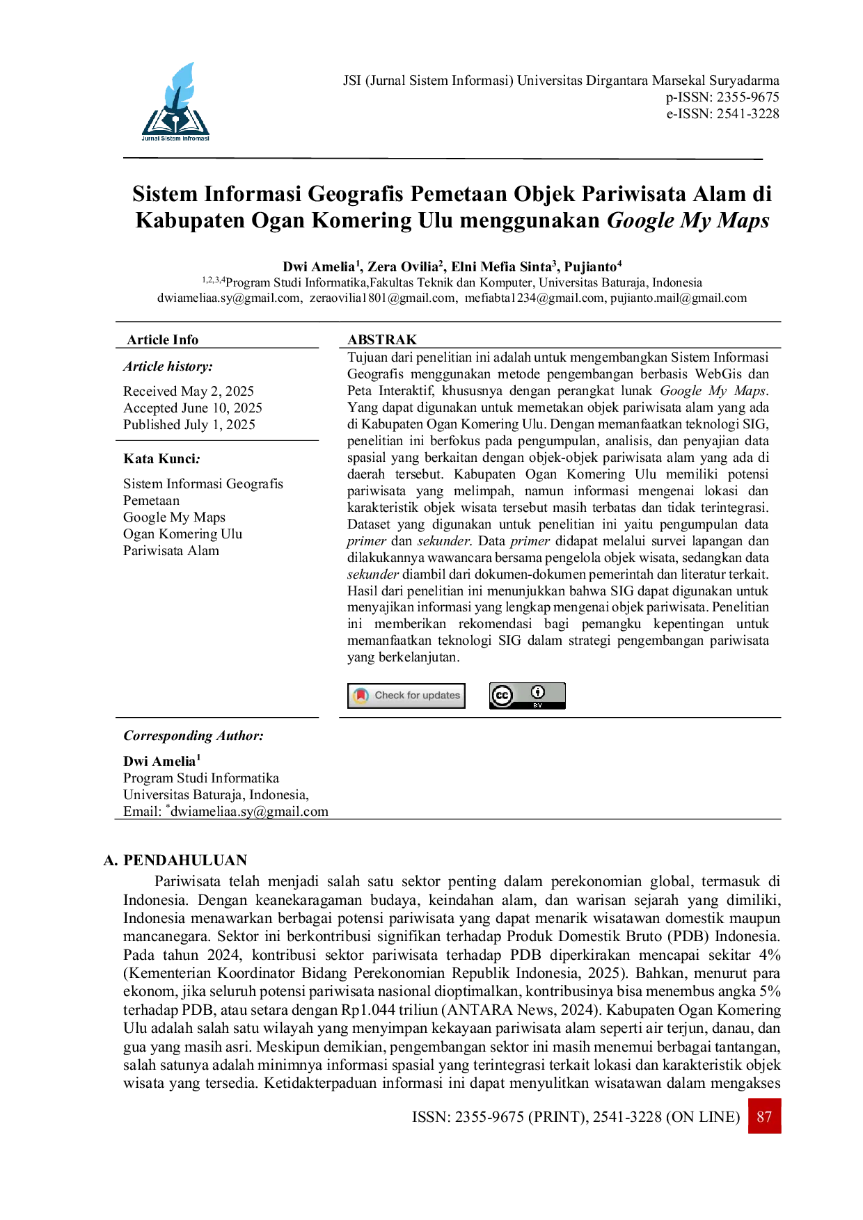 JURIS Sistem Informasi Geografis Pemetaan Objek Pariwisata Alam di Kabupaten Ogan Komering Ulu menggunakan Google My Maps