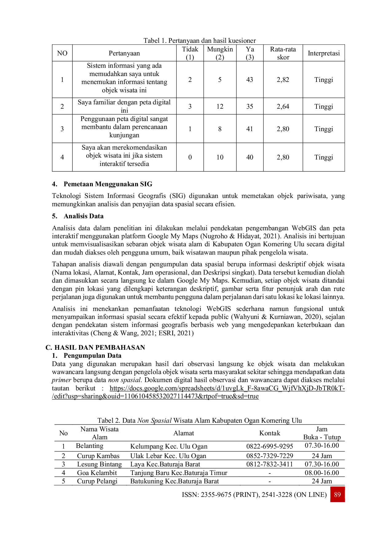 JURIS Sistem Informasi Geografis Pemetaan Objek Pariwisata Alam di Kabupaten Ogan Komering Ulu menggunakan Google My Maps