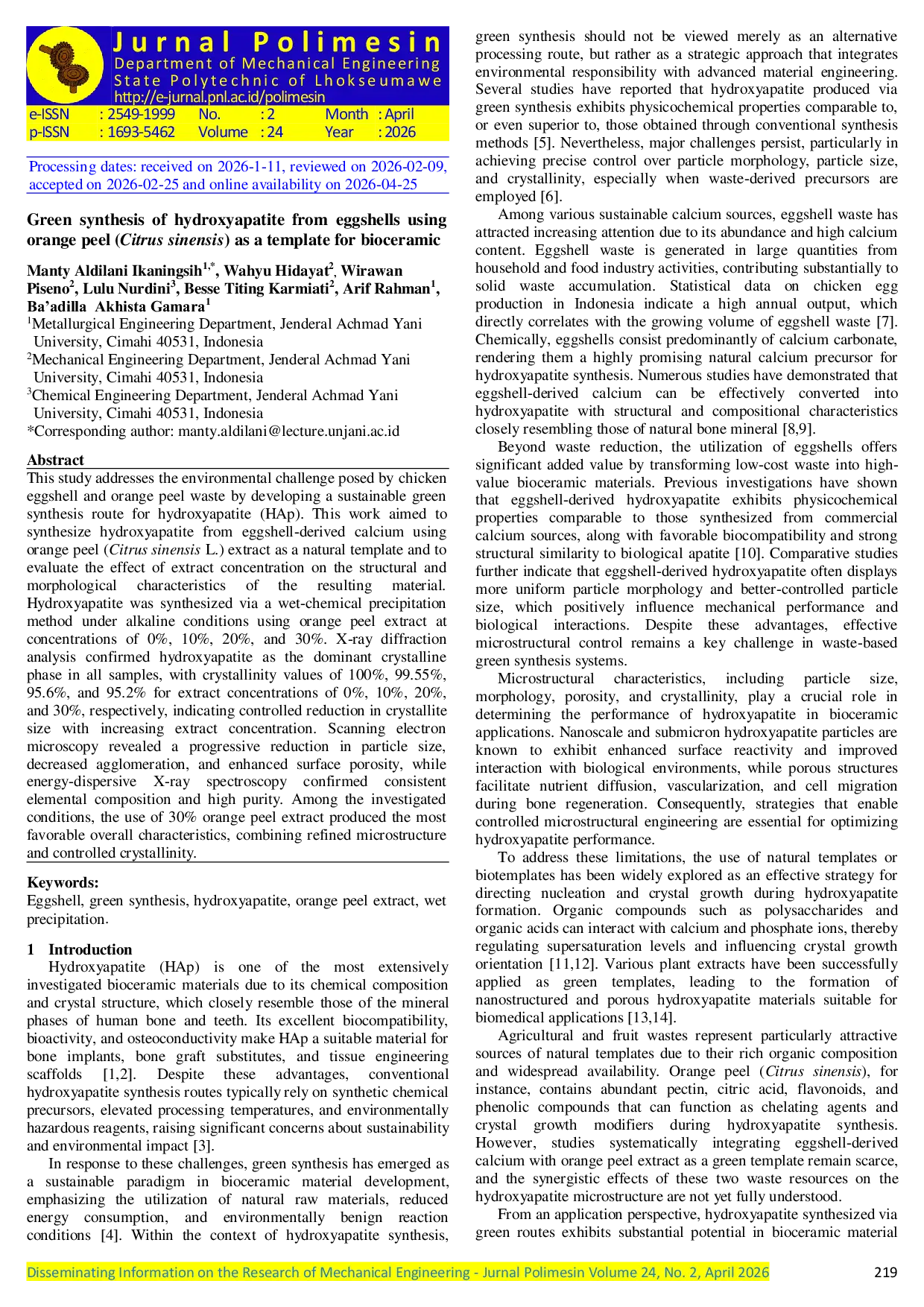 JURIS Green synthesis of hydroxyapatite from eggshells using orange peel Citrus sinensis as a template for bioceramic