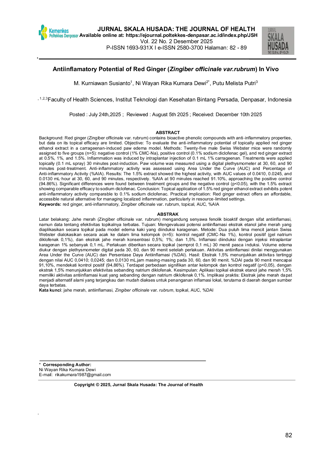 JURIS Antiinflamatory Potential of Red Ginger Zingiber officinale var rubrum In Vivo