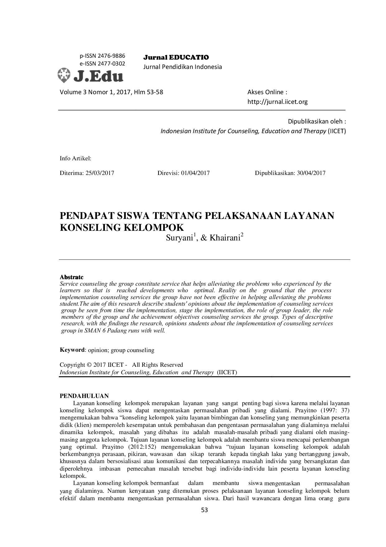 JURIS Pendapat Siswa Tentang Pelaksanaan Layanan Konseling Kelompok