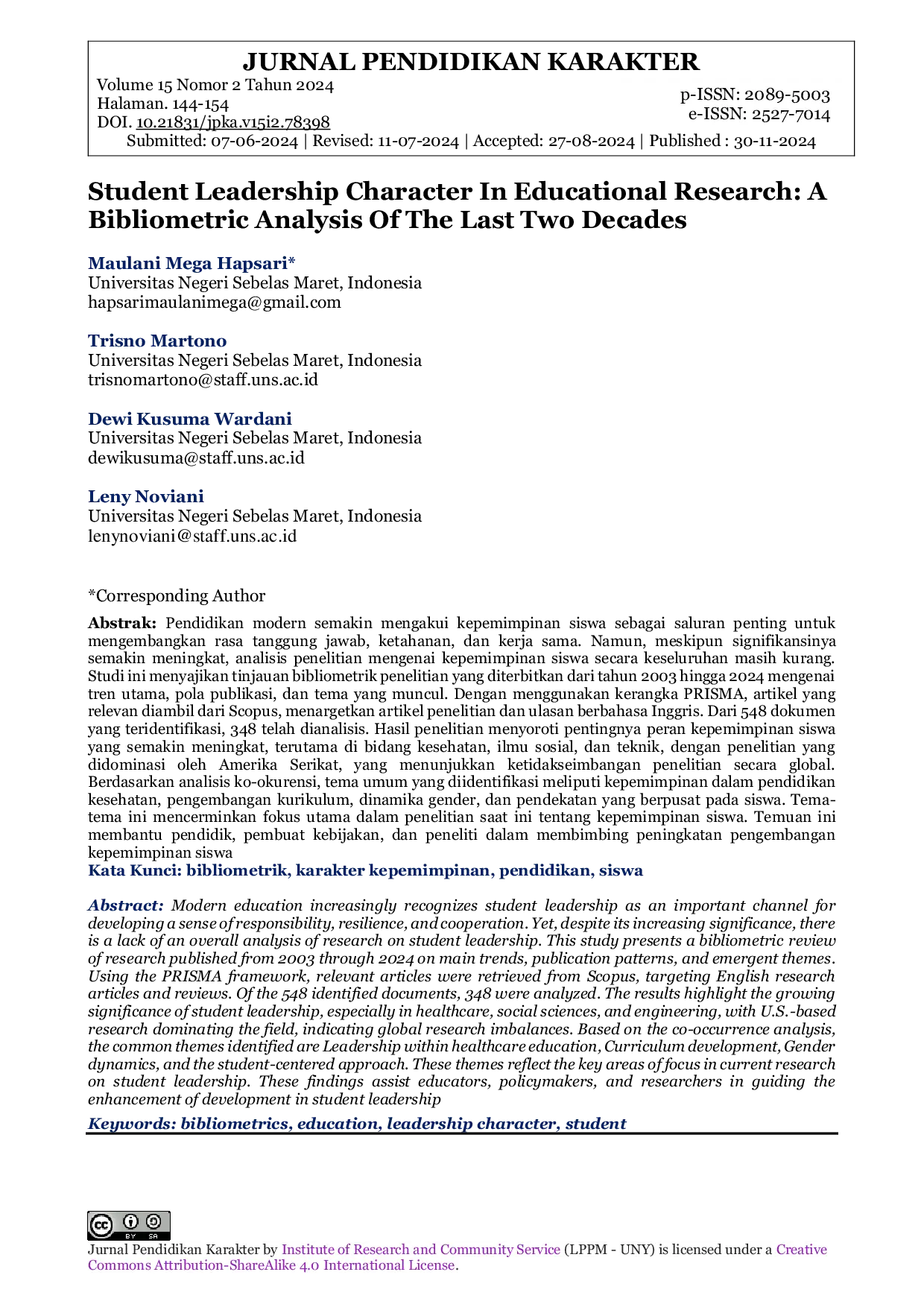 JURIS Student Leadership Character In Educational Research A Bibliometric Analysis Of The Last Two Decades