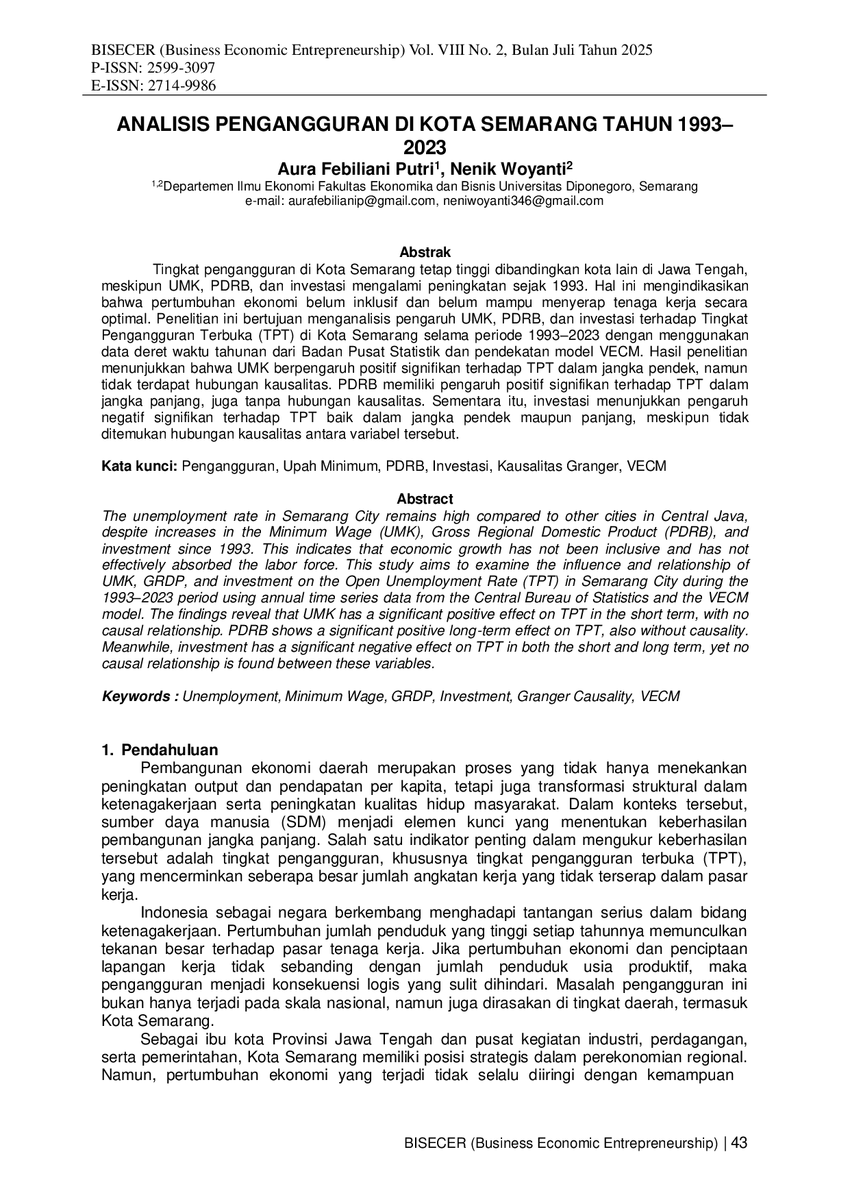 JURIS Analisis Pengangguran Di Kota Semarang Tahun 1993 2023