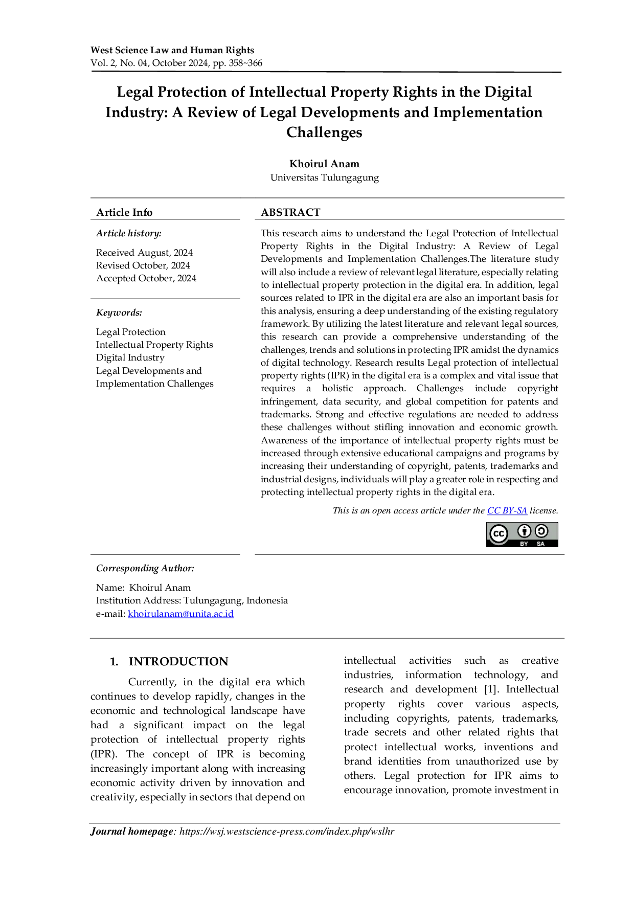 JURIS Legal Protection of Intellectual Property Rights in the Digital Industry A Review of Legal Developments and Implementation Challenges