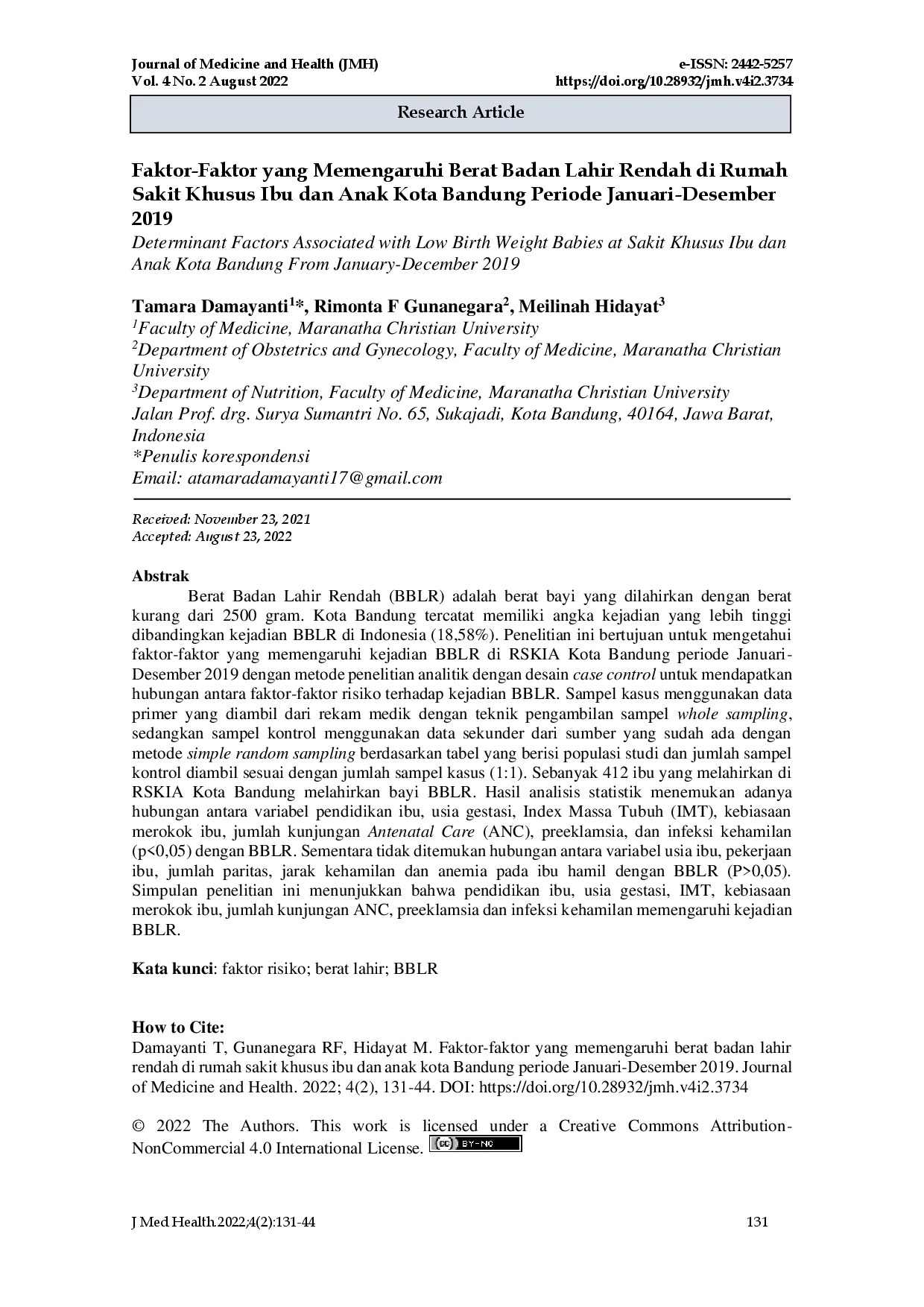 juris Determinant Factors Associated with Low Birth Weight Babies at Sakit Khusus Ibu dan Anak Kota Bandung From January December 2019