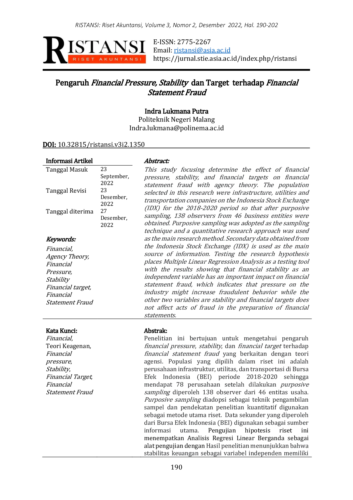 JURIS Pengaruh Financial Pressure Stability Dan Target Terhadap Financial Statement Fraud