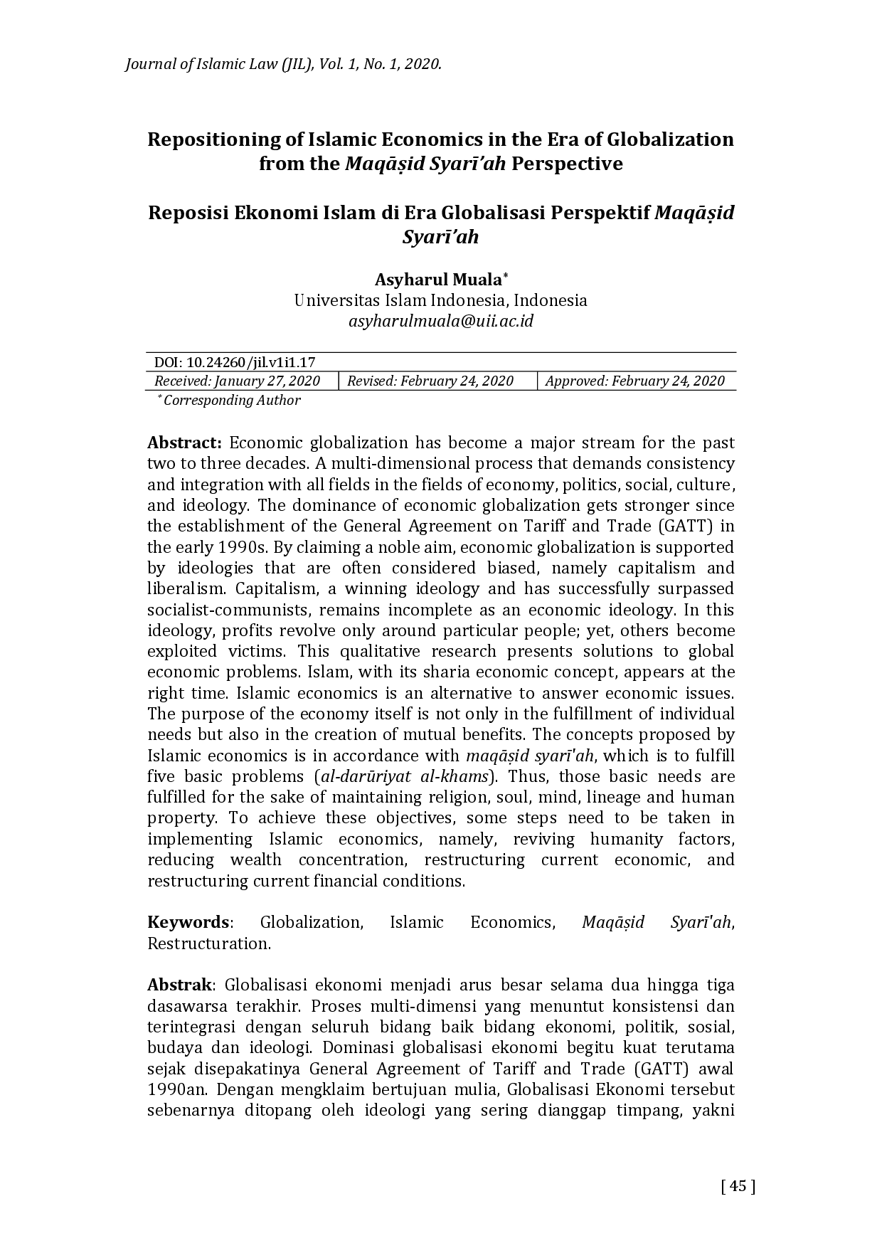 juris Repositioning of Islamic Economics in the Era of Globalization from the Maq id Syar ah Perspective