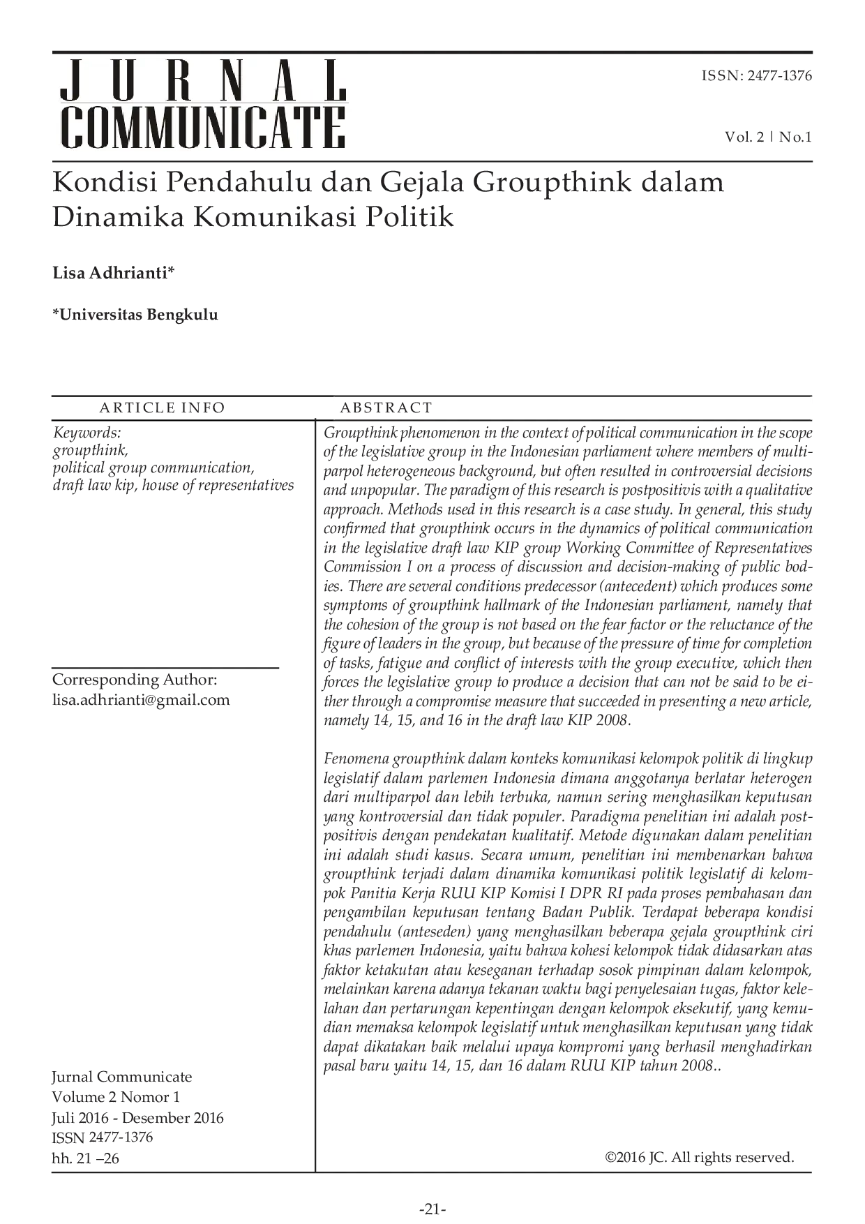 JURIS Kondisi Pendahulu dan Gejala Groupthink dalam Dinamika Komunikasi Politik