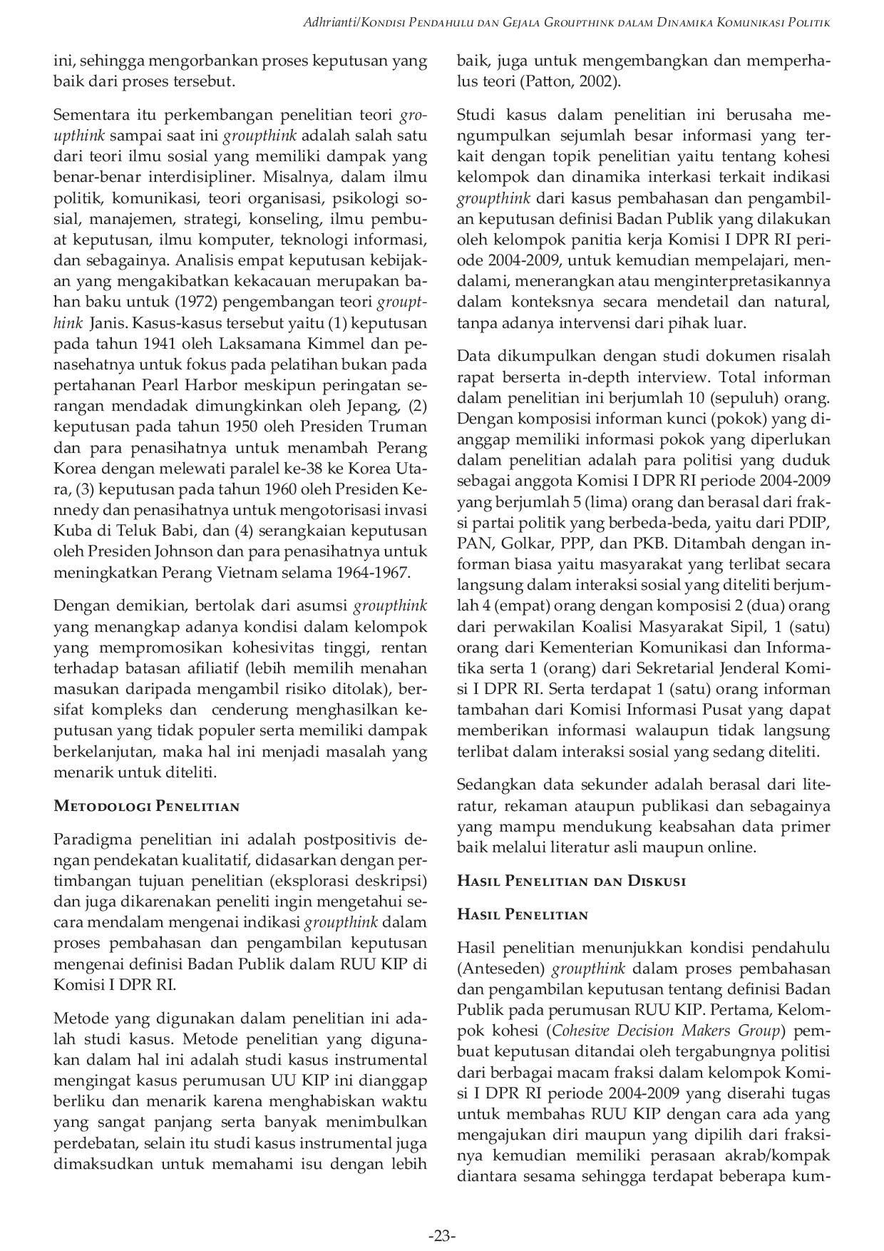 JURIS Kondisi Pendahulu dan Gejala Groupthink dalam Dinamika Komunikasi Politik