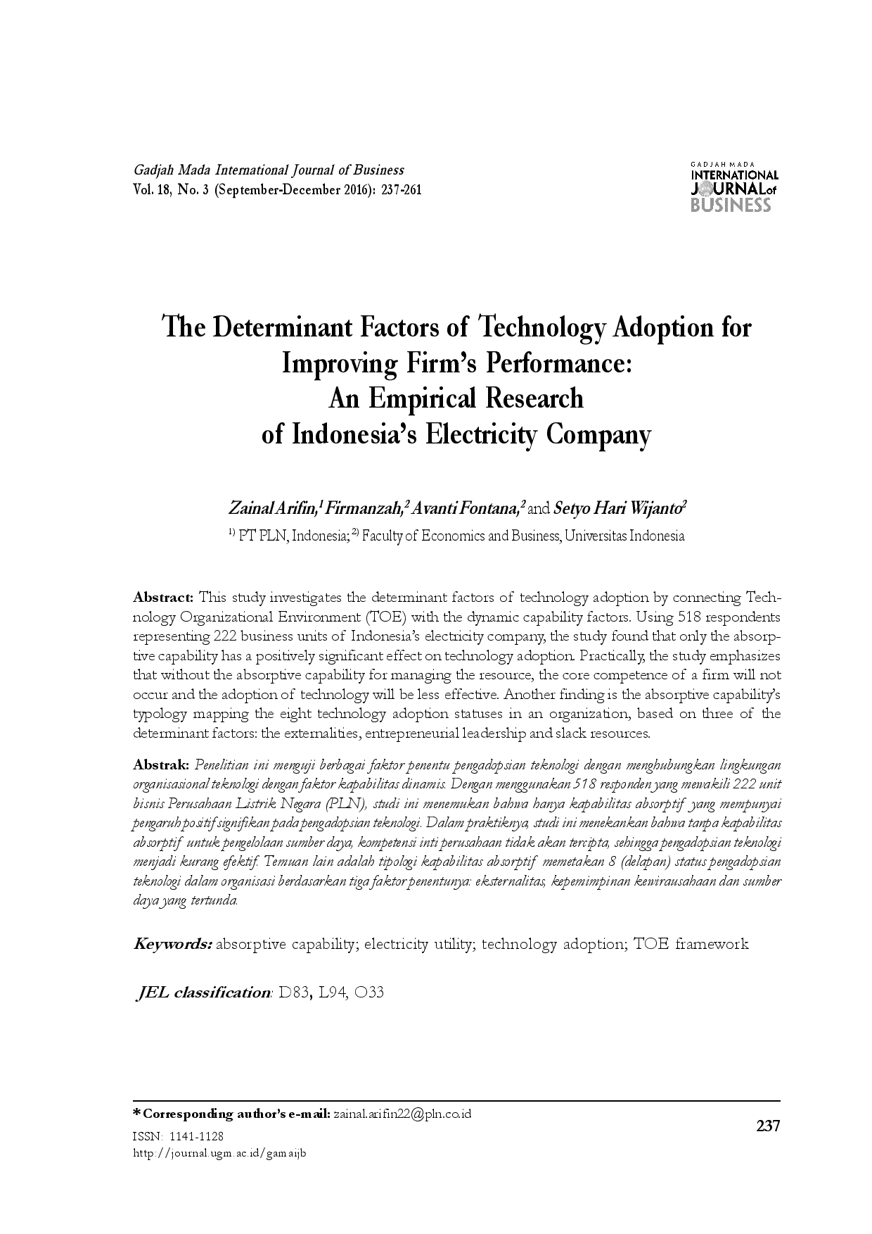 juris The Determinant Factors of Technology Adoption for Improving Firm s Performance An Empirical Research of Indonesia s Electricity Company