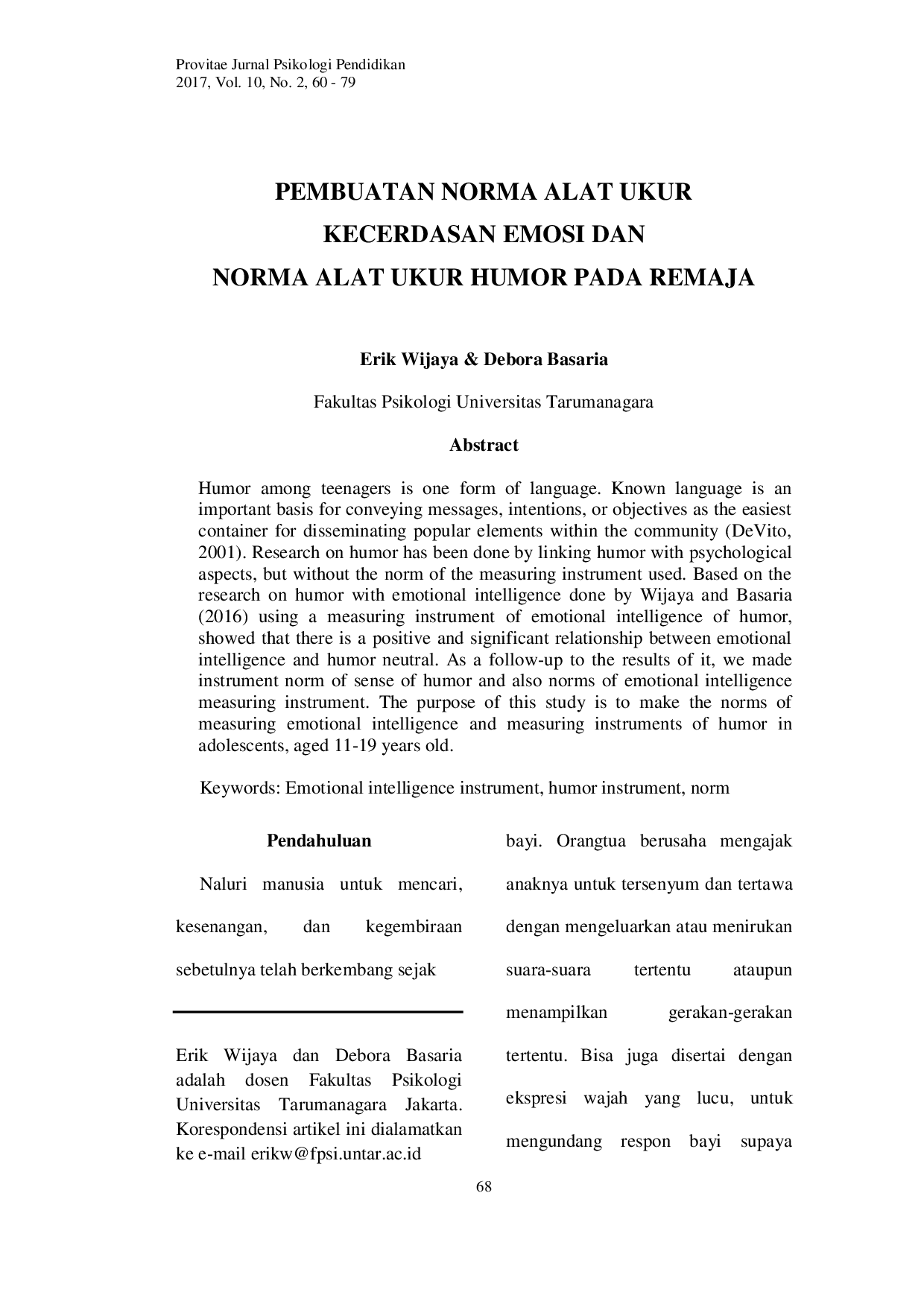 JURIS Pembuatan Norma Alat Ukur Kecerdasan Emosi Dan Norma Alat Ukur Humor Pada Remaja