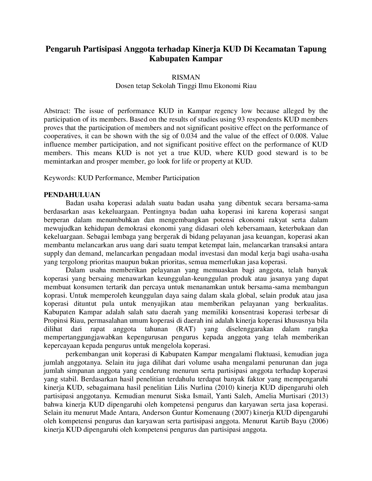 juris Pengaruh Partisipasi Anggota terhadap Kinerja KUD Di Kecamatan Tapung Kabupaten Kampar