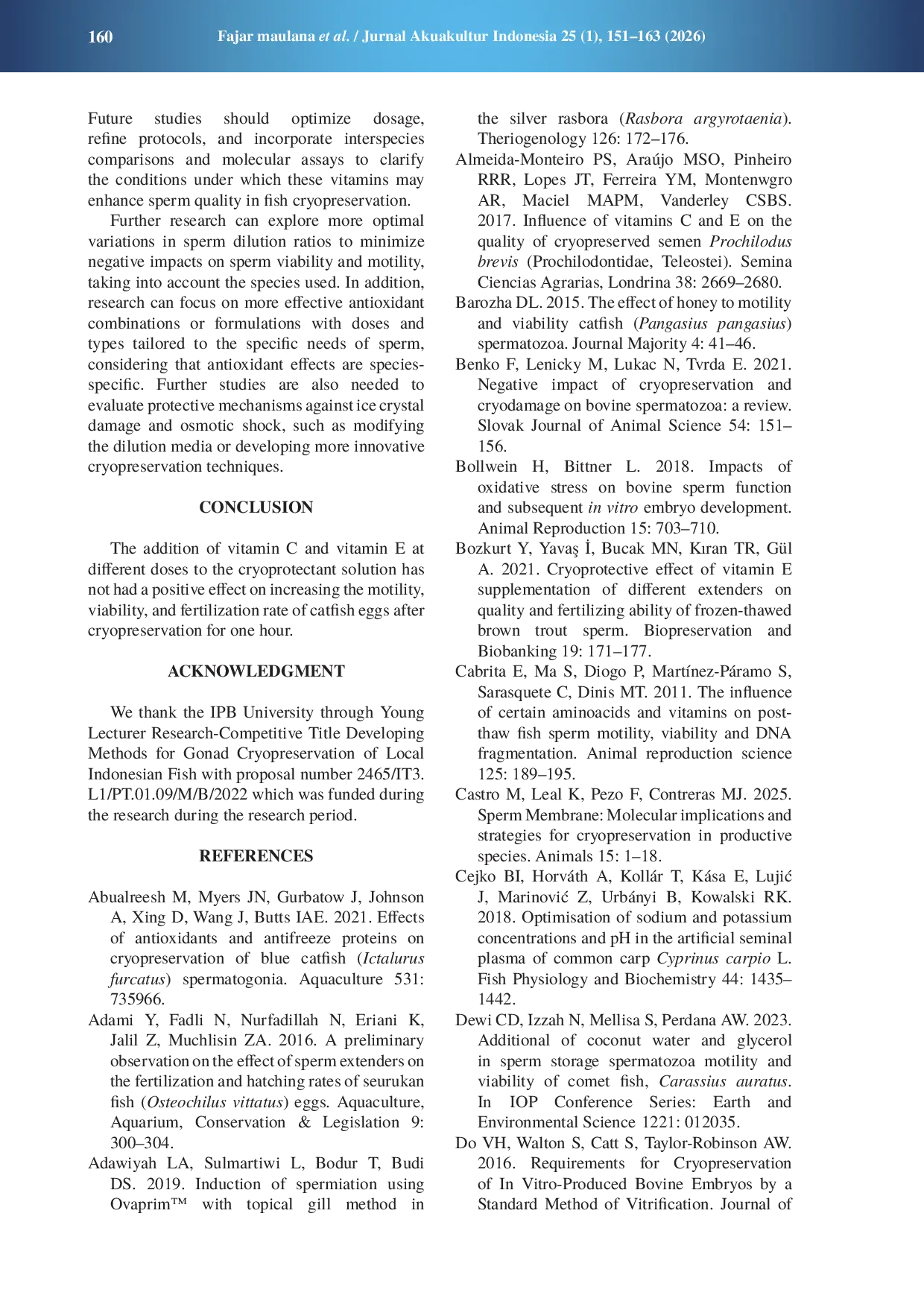JURIS The effectiveness on addition of vitamins as an antioxidant in sperm cryopreservation of catfish Clarias gariepinus