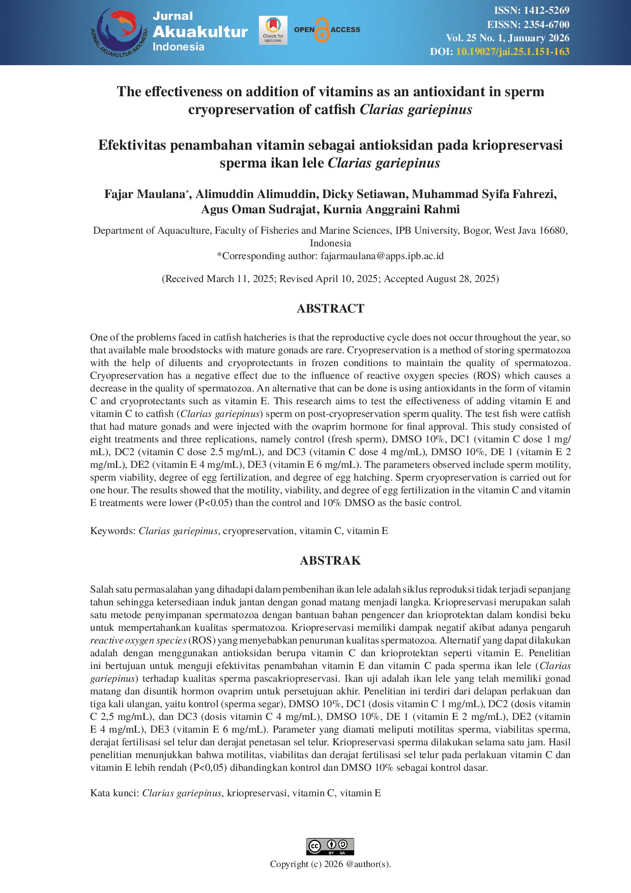 JURIS The effectiveness on addition of vitamins as an antioxidant in sperm cryopreservation of catfish Clarias gariepinus