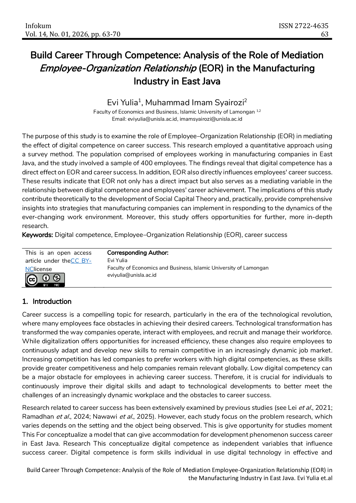 JURIS Build Career Through Competence Analysis of the Role of Mediation Employee Organization Relationship EOR in the Manufacturing Industry in East Java