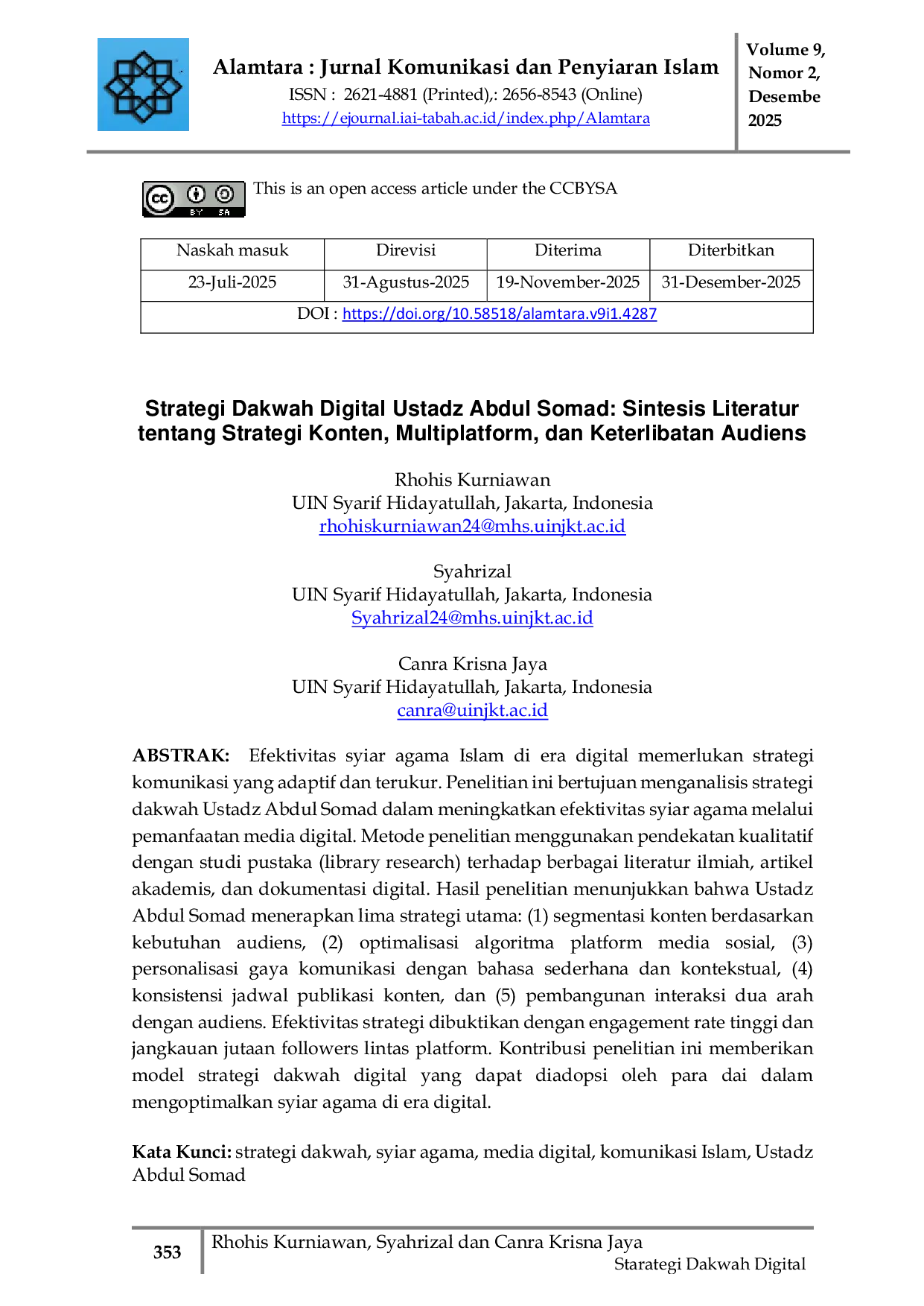 JURIS Strategi Dakwah Digital Ustadz Abdul Somad Sintesis Literatur tentang Strategi Konten Multiplatform dan Keterlibatan Audiens