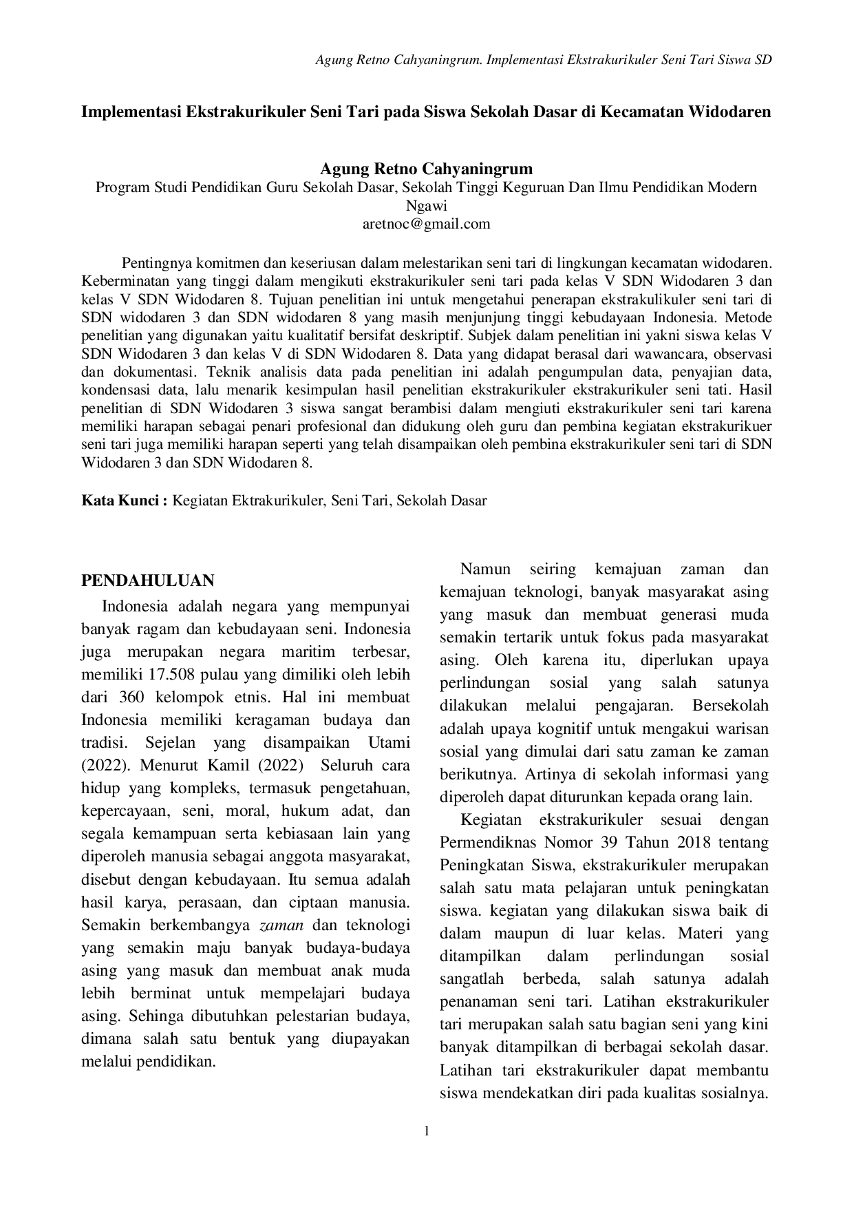 JURIS Implementasi Ekstrakurikuler Seni Tari pada Siswa Sekolah Dasar di Kecamatan Widodare