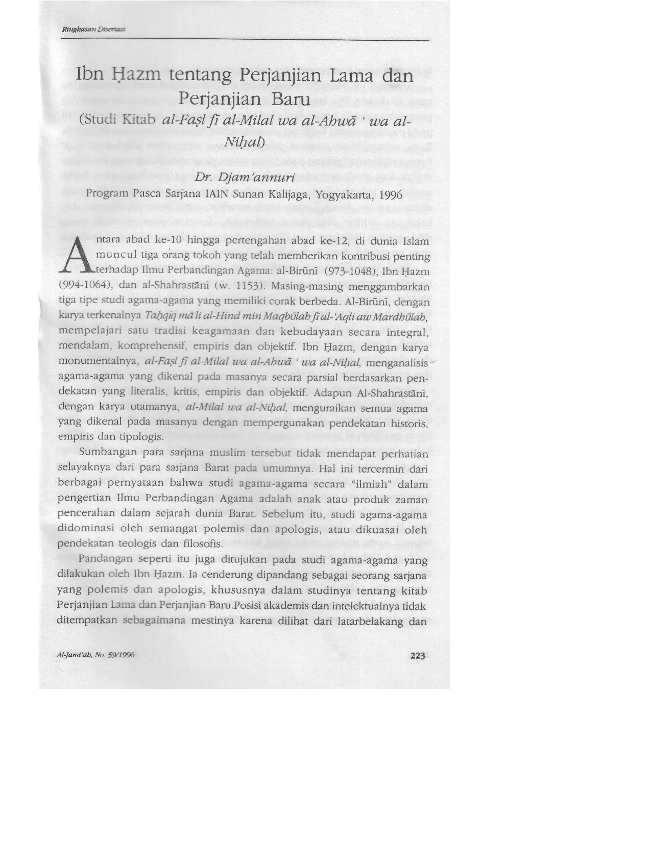 JURIS Ibnu azm Tentang Perjanjian Lama dan Perjanjian Baru Studi Kitab al Fal fi al Milal wa al AhwA wa al Niual