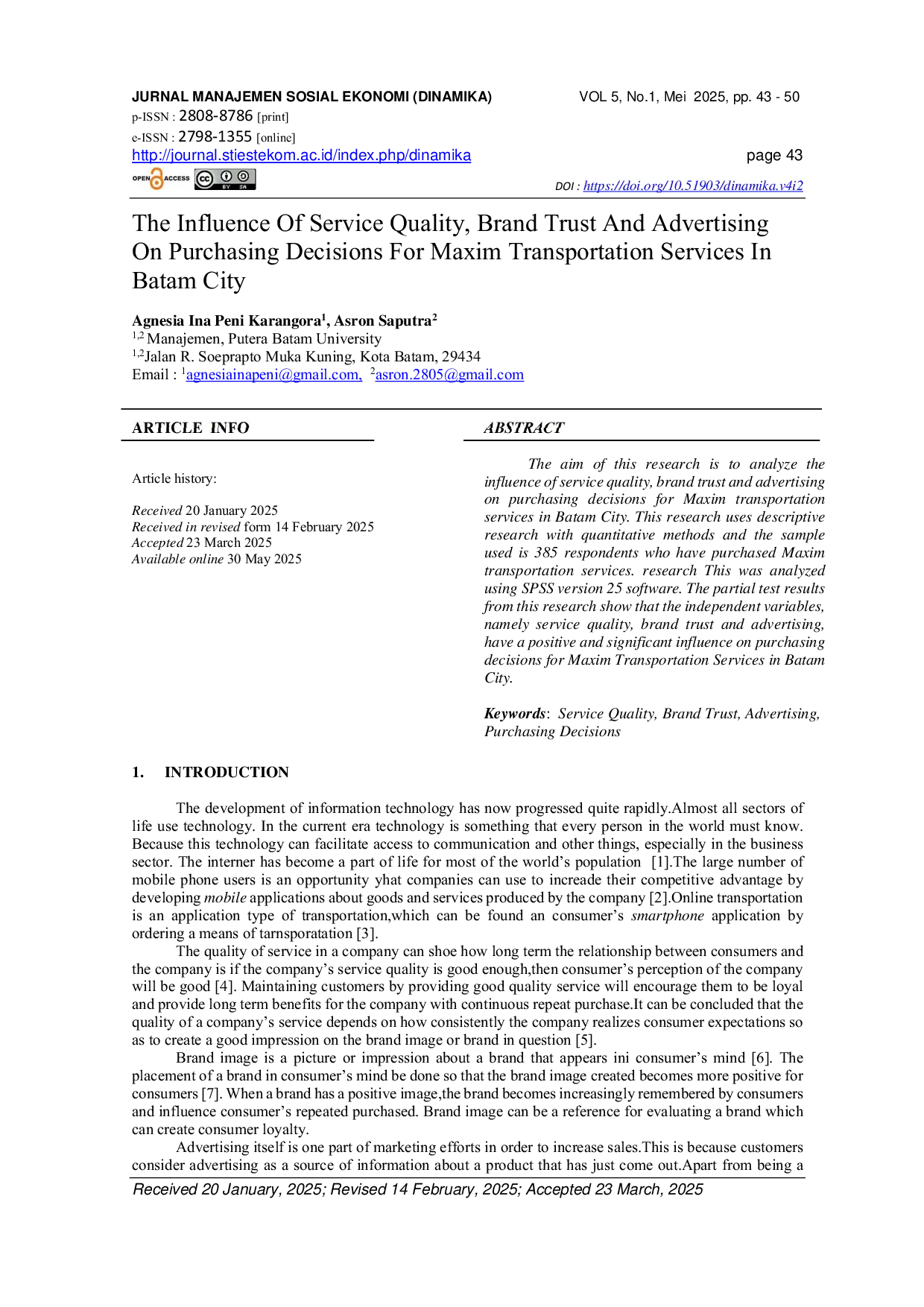 JURIS The Influence of Service Quality Brand Trust and Advertising on Purchasing Decisions for Maxim Transportation Services in Batam City