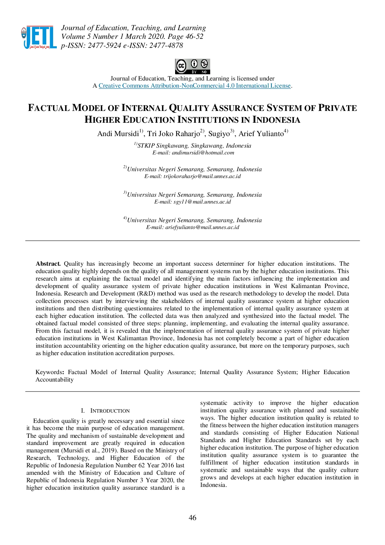 juris Factual Model of Internal Quality Assurance System of Private Higher Education Institutions in Indonesia
