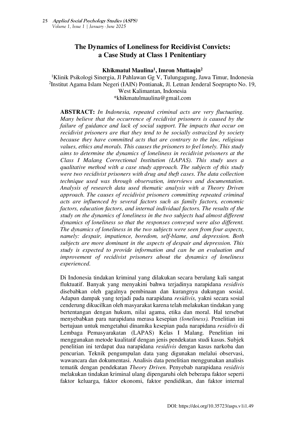 JURIS The Dynamics of Loneliness for Recidivist Convicts a Case Study at Class 1 Penitentiary