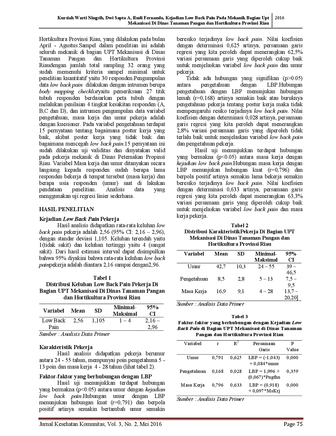 juris Kejadian Low Back Pain Pada Mekanik Bagian Upt Mekanisasi Di Dinas Tanaman Pangan Dan Hortikultura Provinsi Riau
