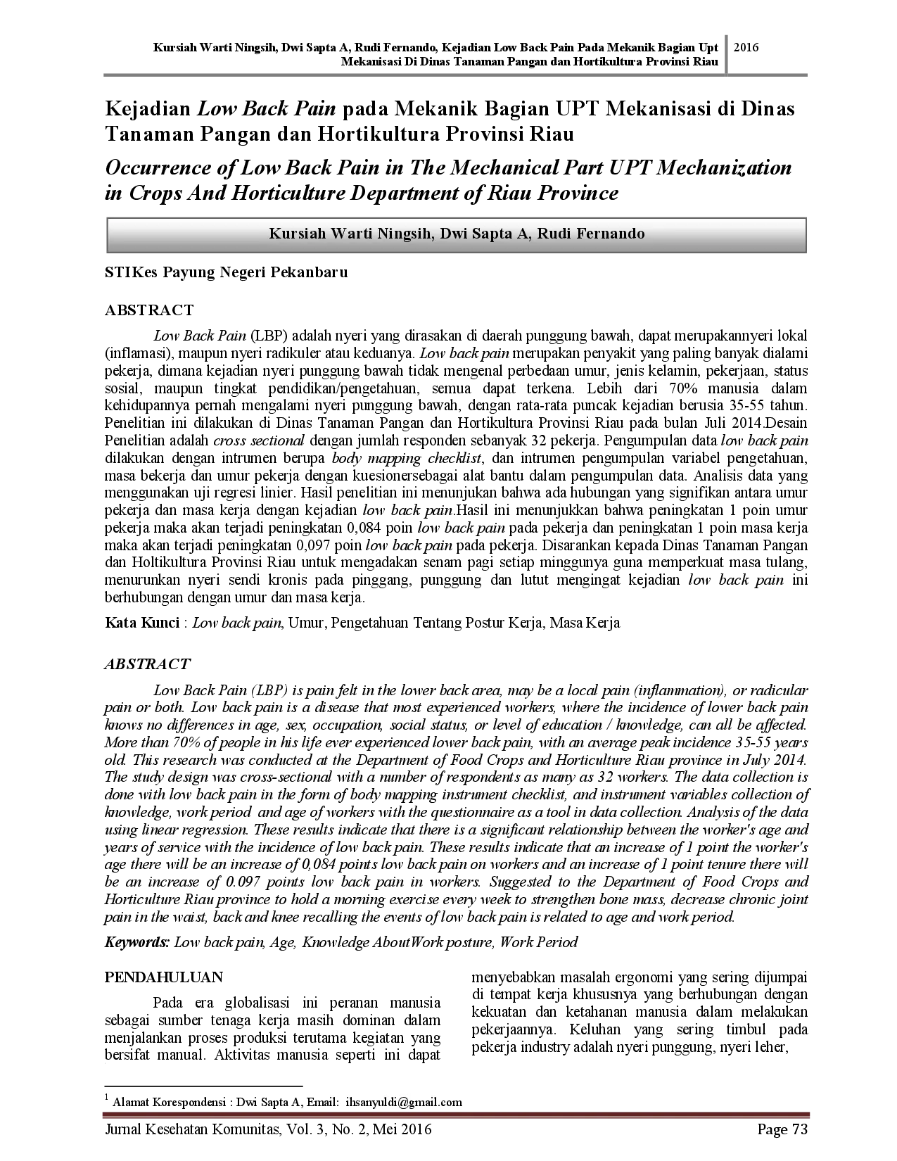 juris Kejadian Low Back Pain Pada Mekanik Bagian Upt Mekanisasi Di Dinas Tanaman Pangan Dan Hortikultura Provinsi Riau