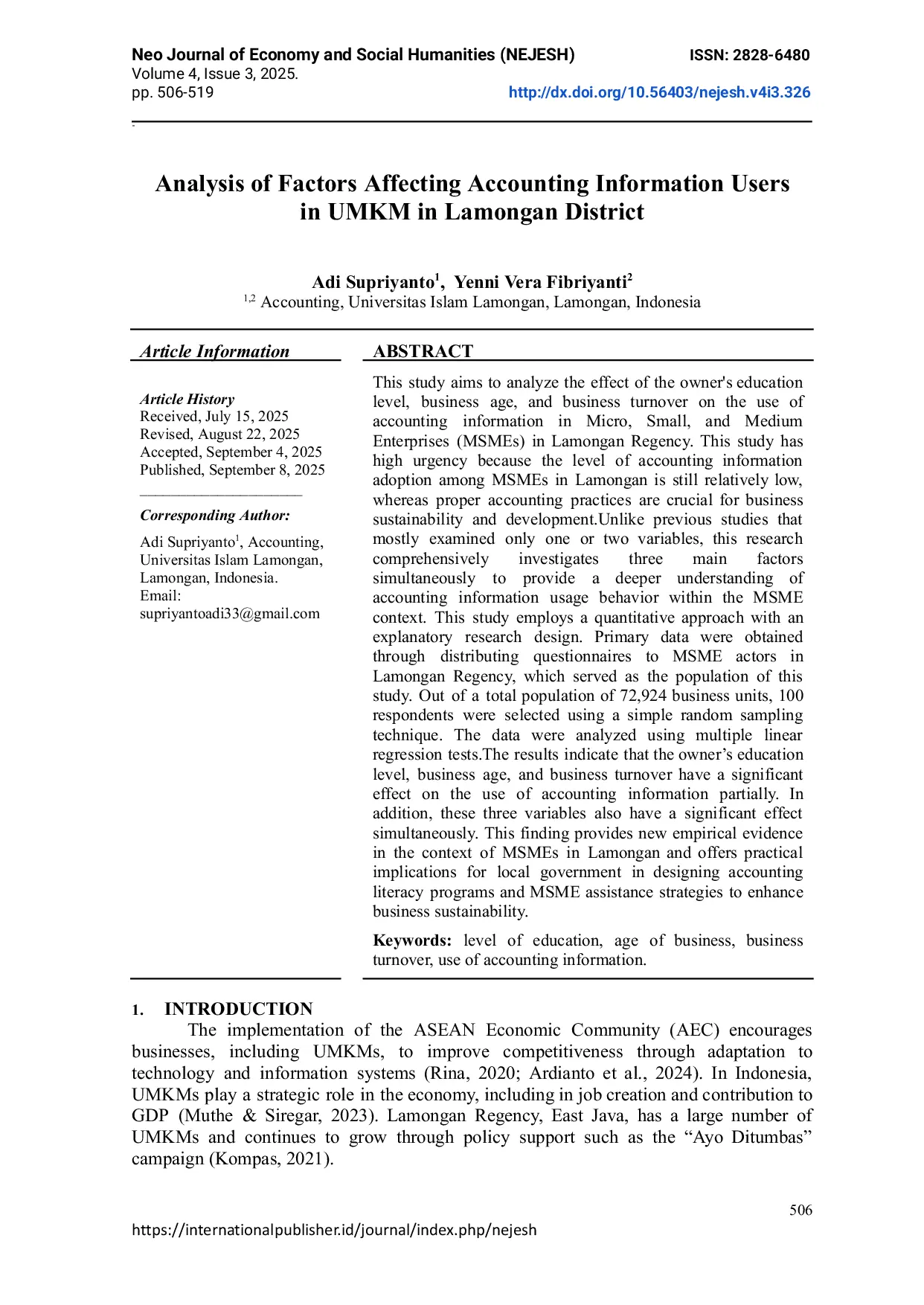 JURIS Analysis of Factors Affecting Accounting Information Users in UMKM in Lamongan District