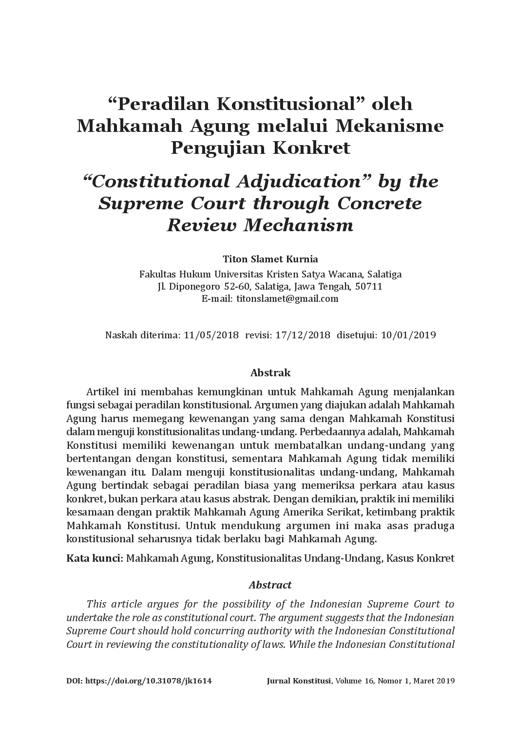 juris Peradilan Konstitusional oleh Mahkamah Agung melalui Mekanisme Pengujian Konkret