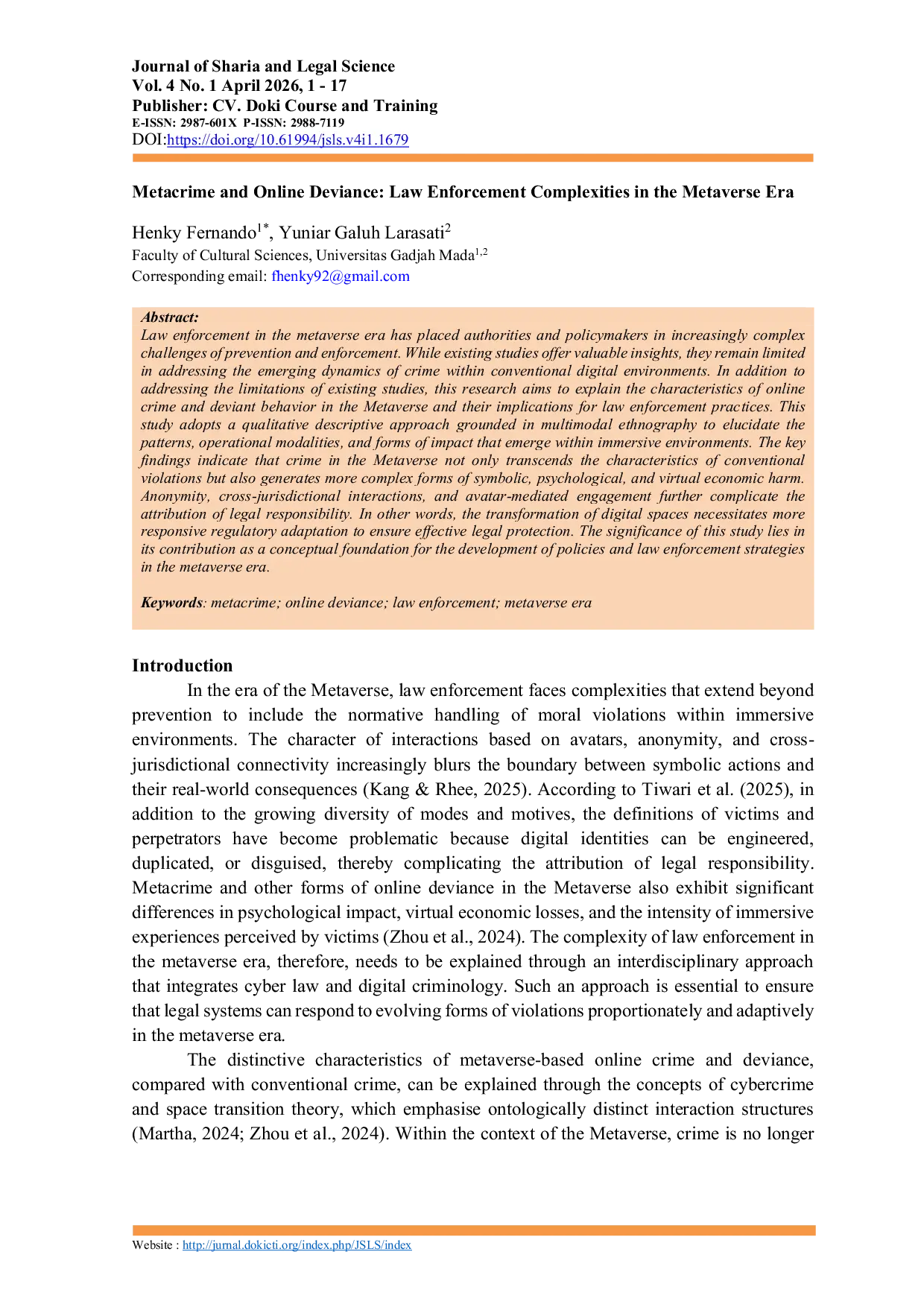 JURIS Metacrime and Online Deviance Law Enforcement Complexities in the Metaverse Era