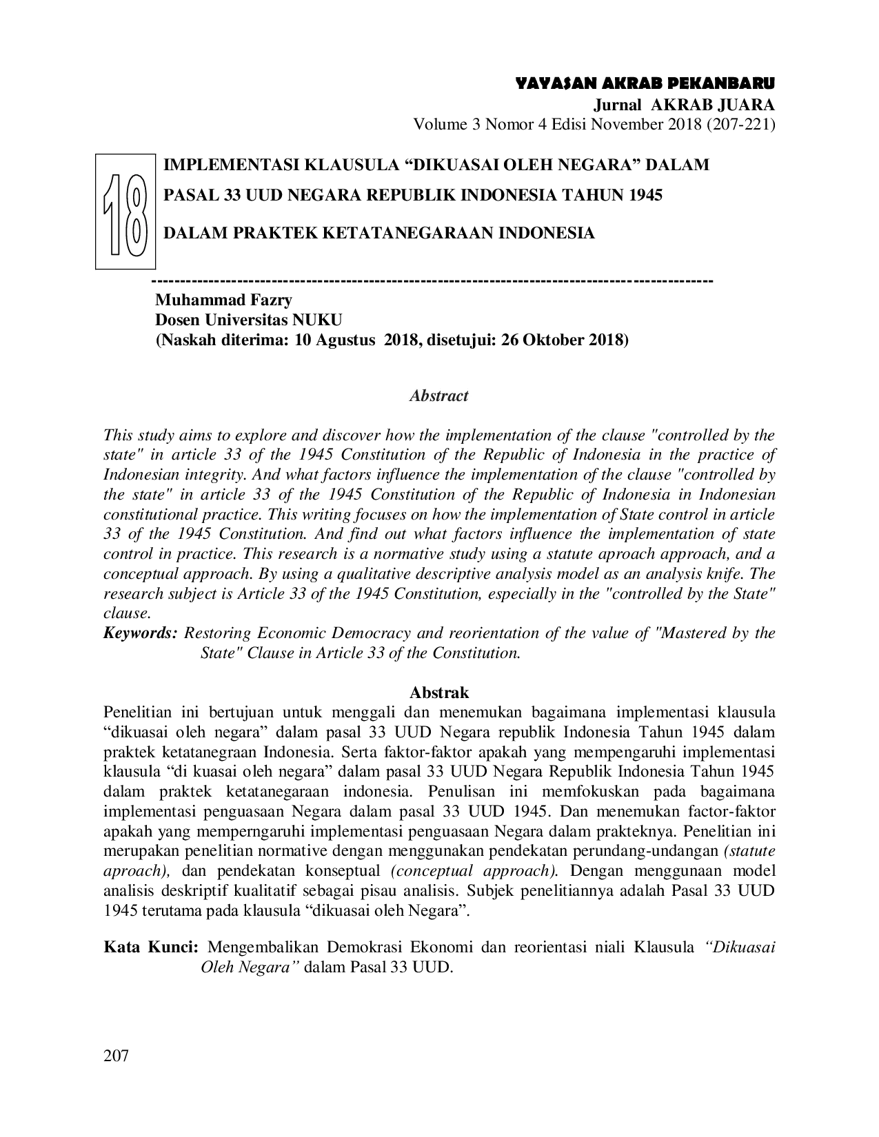 JURIS IMPLEMENTASI KLAUSULA DIKUASAI OLEH NEGARA DALAM PASAL 33 UUD NEGARA REPUBLIK INDONESIA TAHUN 1945 DALAM PRAKTEK KETATANEGARAAN INDONESIA