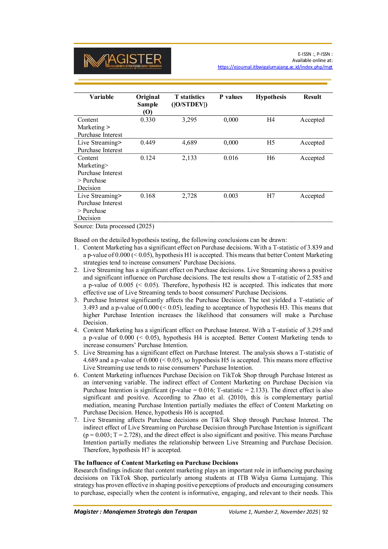 JURIS The Influence of Content Marketing and Live Streaming on Purchase Decisions on TikTok Shop through Purchase Interest as an Intervening Variable A Case Study of TikTok Shop Users among Students of ITB