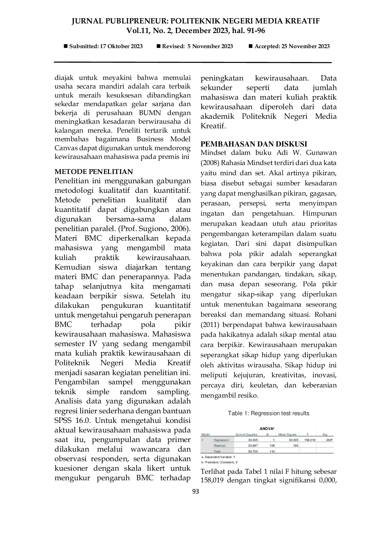 JURIS Penerapan Bussiness Model Canvas Pada Mata Kuliah Praktik Kewirausahaan Untuk Meningkatkan Kemampuan Promosi dan Periklanan Mahasiswa