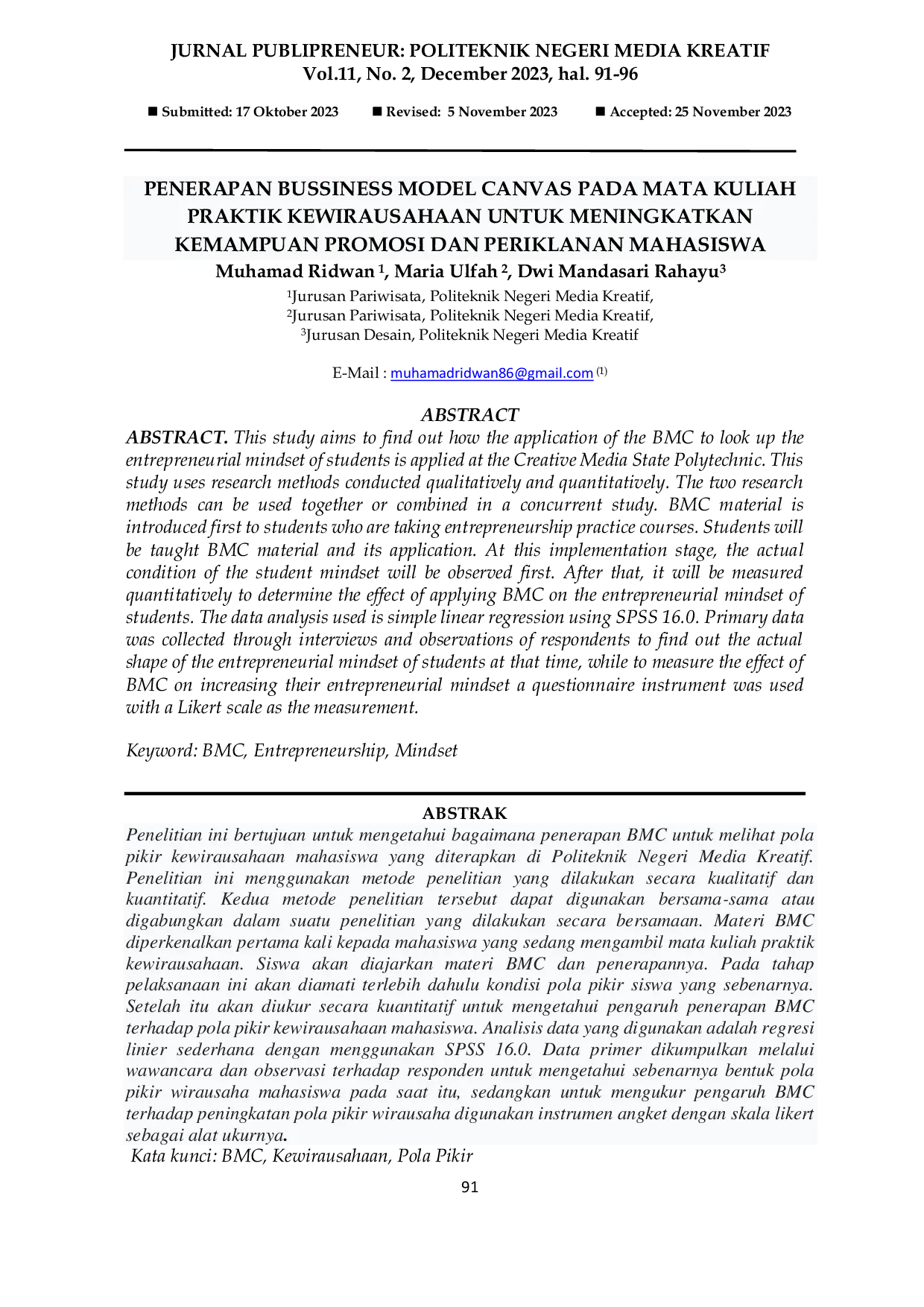 JURIS Penerapan Bussiness Model Canvas Pada Mata Kuliah Praktik Kewirausahaan Untuk Meningkatkan Kemampuan Promosi dan Periklanan Mahasiswa