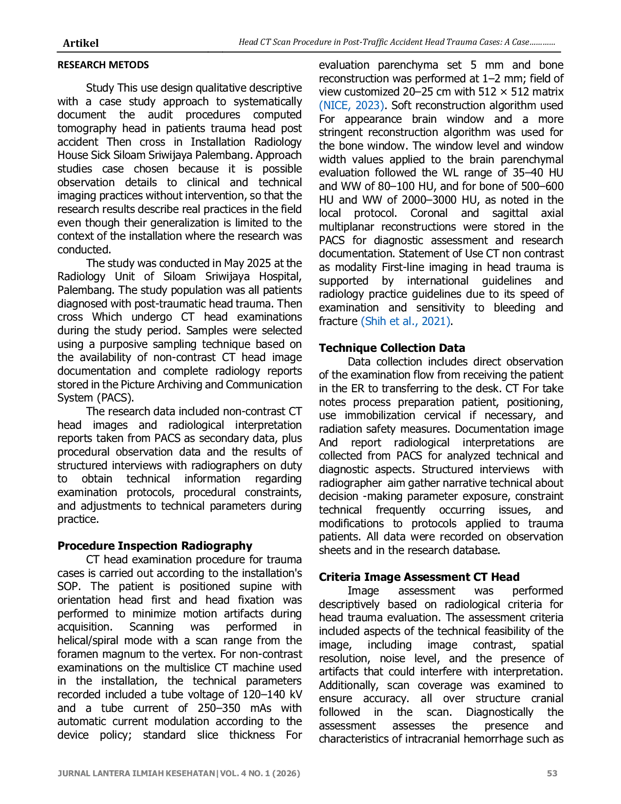 JURIS Head CT Scan Procedure in Post Traffic Accident Head Trauma Cases A Case Study at Siloam Sriwijaya Hospital Palembang