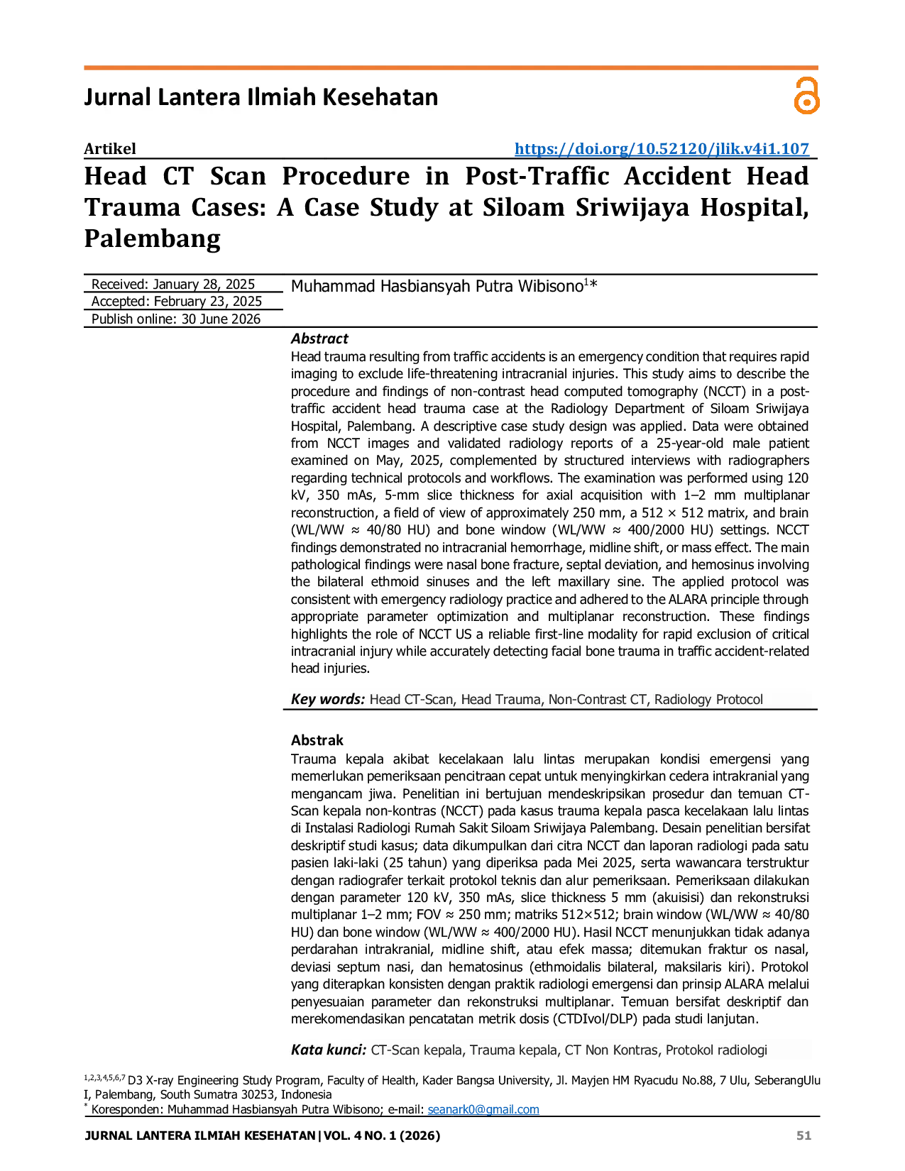 JURIS Head CT Scan Procedure in Post Traffic Accident Head Trauma Cases A Case Study at Siloam Sriwijaya Hospital Palembang