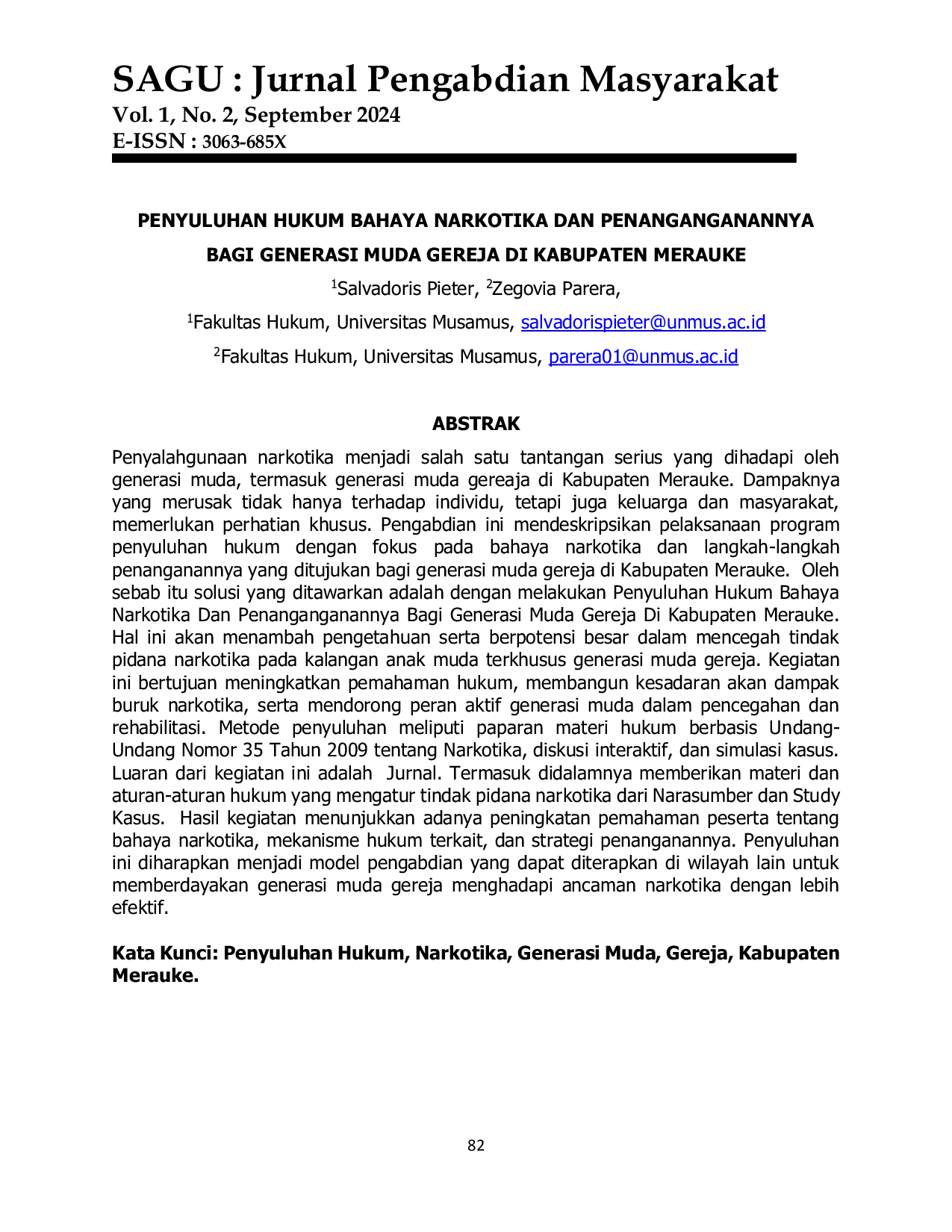 JURIS Penyuluhan Hukum Bahaya Narkotika dan Penanganannya Bagi Generasi Muda Gereja di Kabupaten Merauke