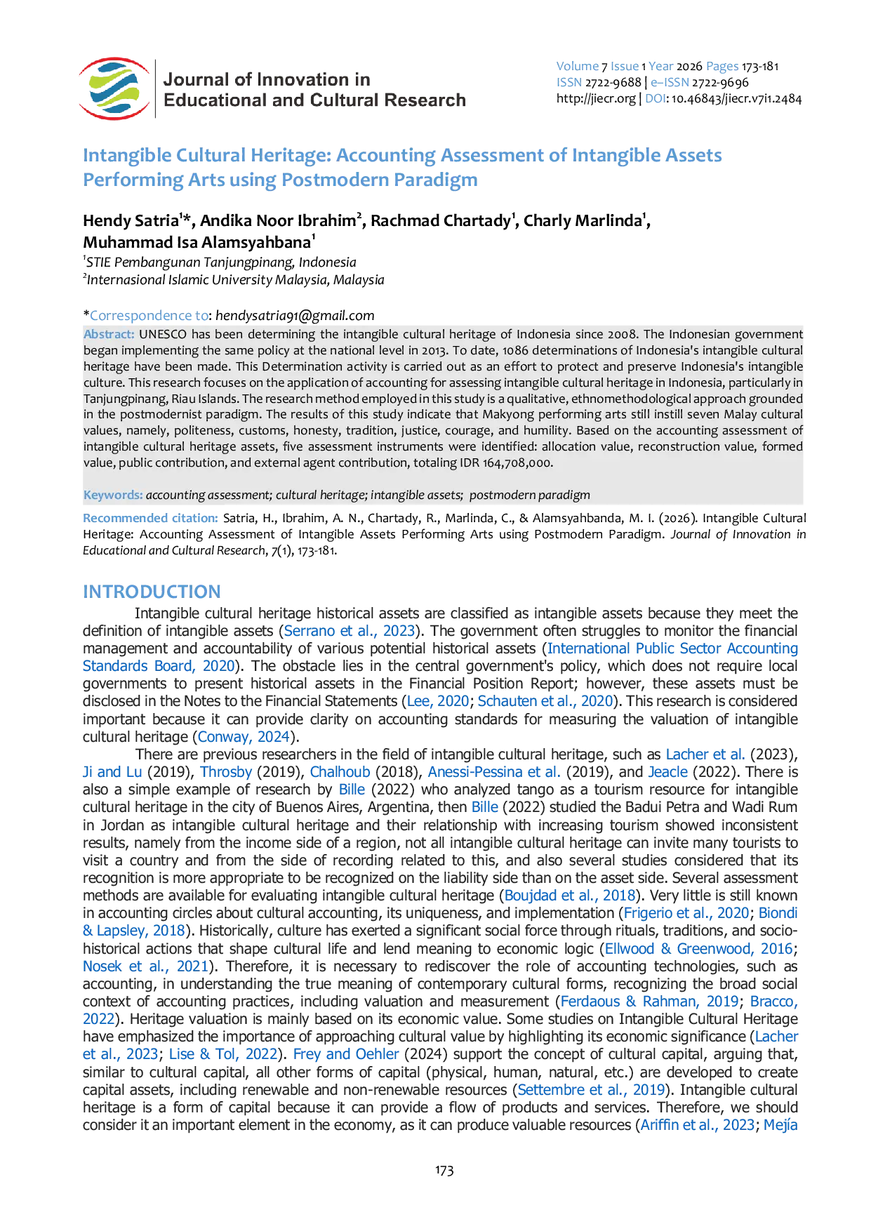 JURIS Intangible Cultural Heritage Accounting Assessment of Intangible Assets Performing Arts using Postmodern Paradigm