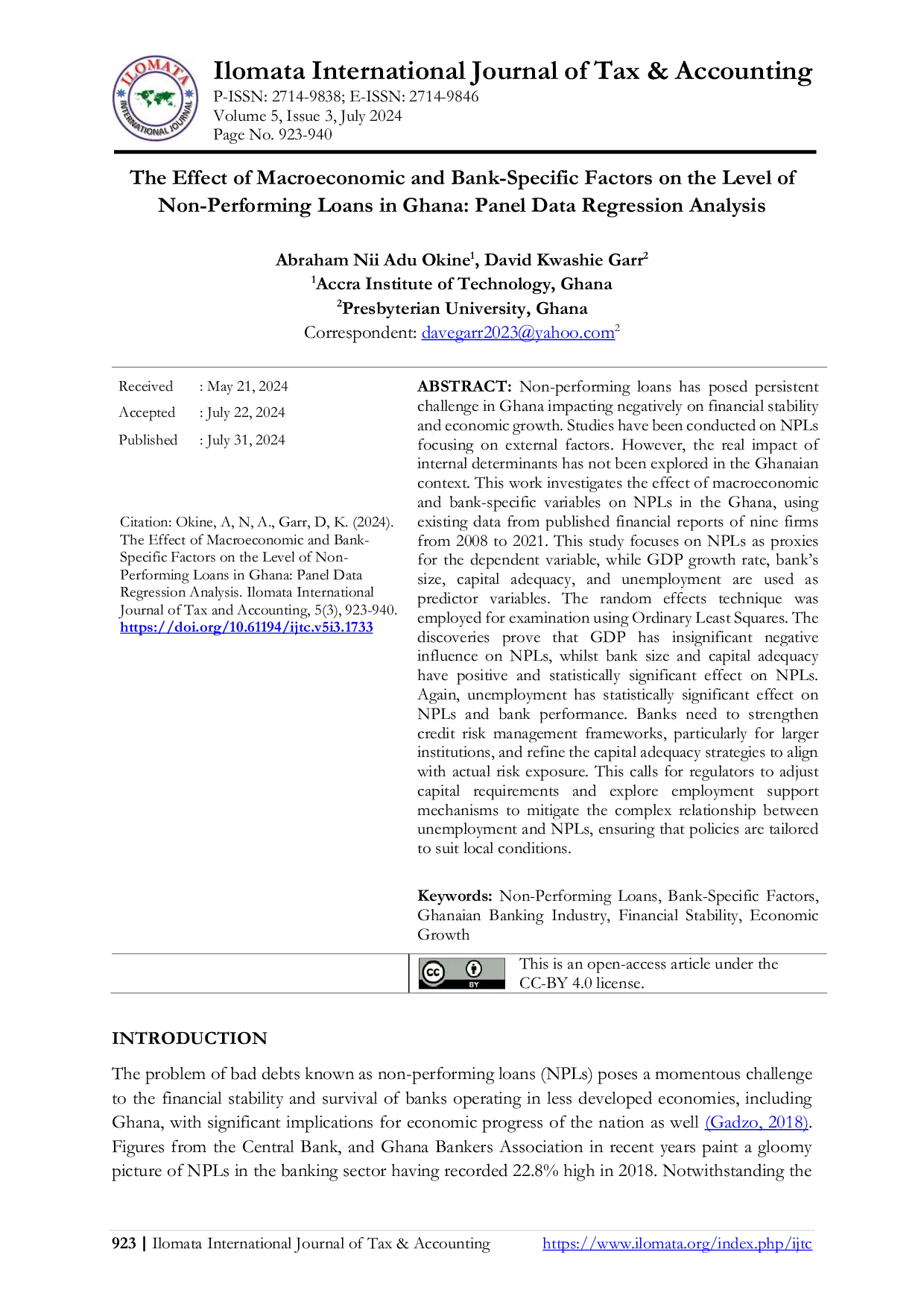 JURIS The Effect of Macroeconomic and Bank Specific Factors on the Level of Non Performing Loans in Ghana Panel Data Regression Analysis