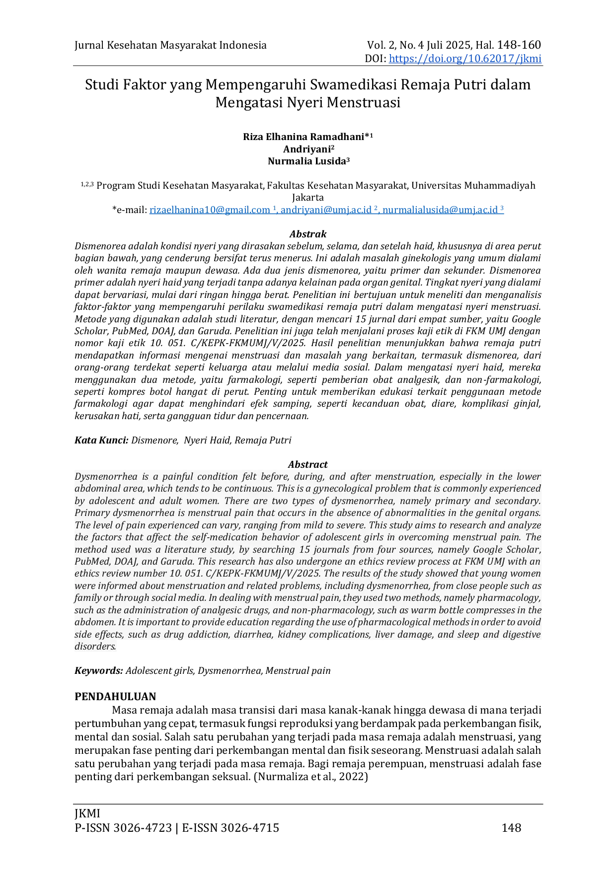 JURIS Studi Faktor yang Mempengaruhi Swamedikasi Remaja Putri dalam Mengatasi Nyeri Menstruasi