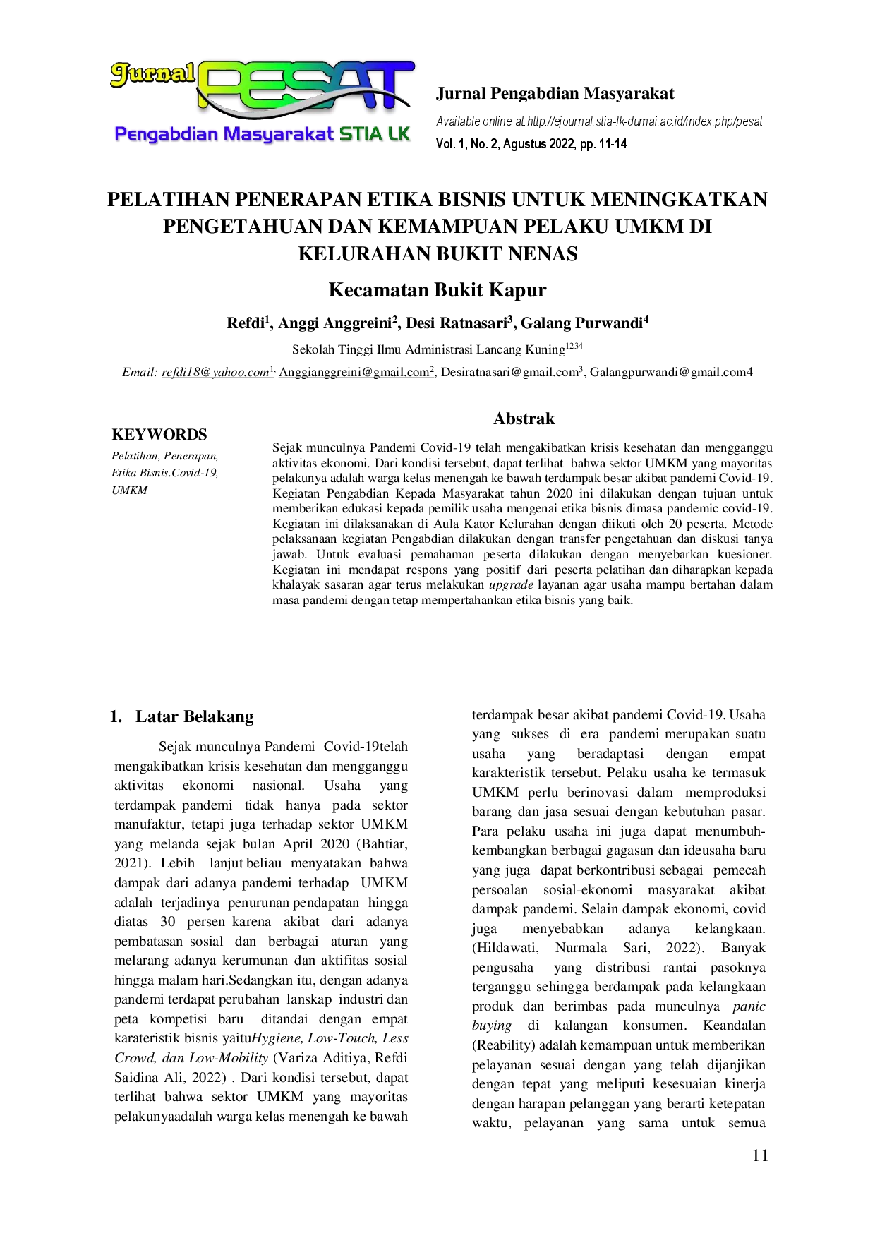 juris Pelatihan Penerapan Etika Bisnis Unutk Meningkatkan Pengetahuan Dan Kemampuan Pelaku Umkm Di Kelurahan Bukit Nenas Kecamatan Bukit Kapur