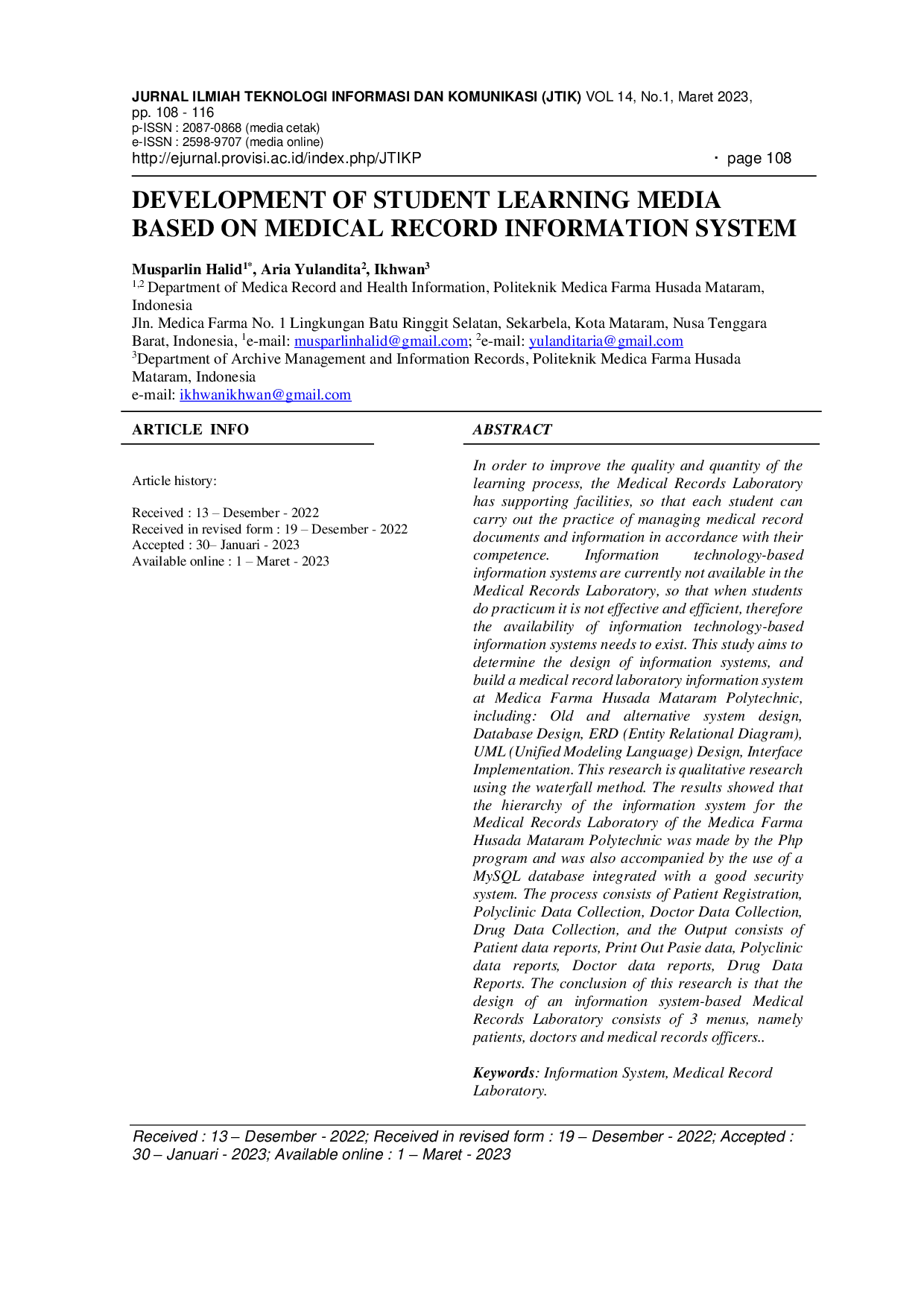 JURIS Development of Student Learning Media Based on Medical Record Information System