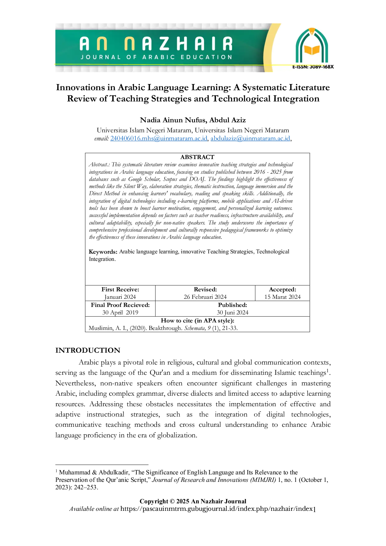 JURIS Innovations in Arabic Language Learning A Systematic Literature Review of Teaching Strategies and Technological Integration