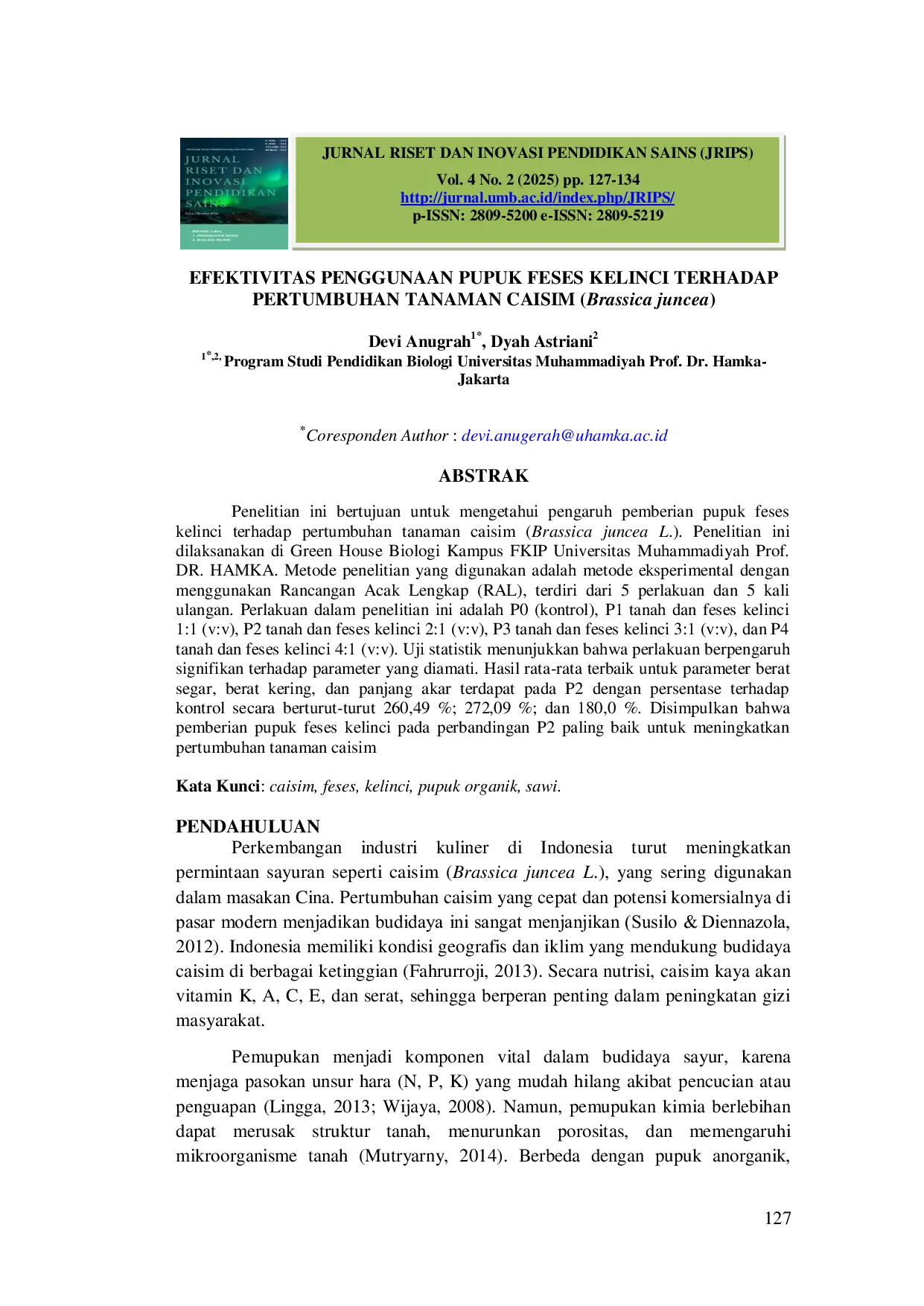 JURIS Efektivitas Penggunaan Pupuk Feses Kelinci Terhadap Pertumbuhan Tanaman Caisim Brassica Juncea