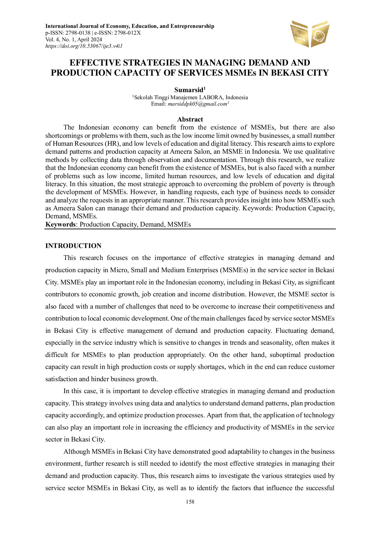 JURIS EFFECTIVE STRATEGIES IN MANAGING DEMAND AND PRODUCTION CAPACITY OF SERVICES MSMEs IN BEKASI CITY