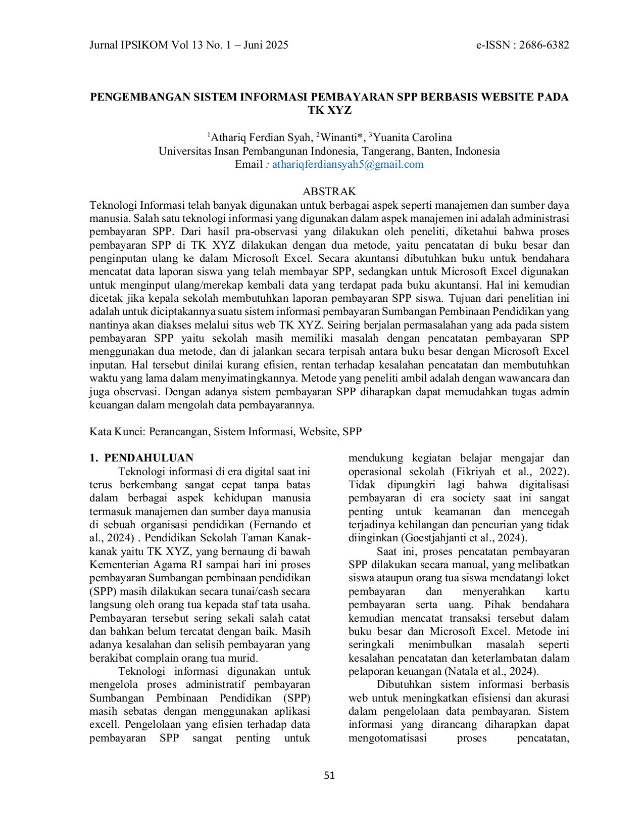 JURIS Pengembangan Sistem Informasi Pembayaran SPP Berbasis Website Pada Tk Xyz