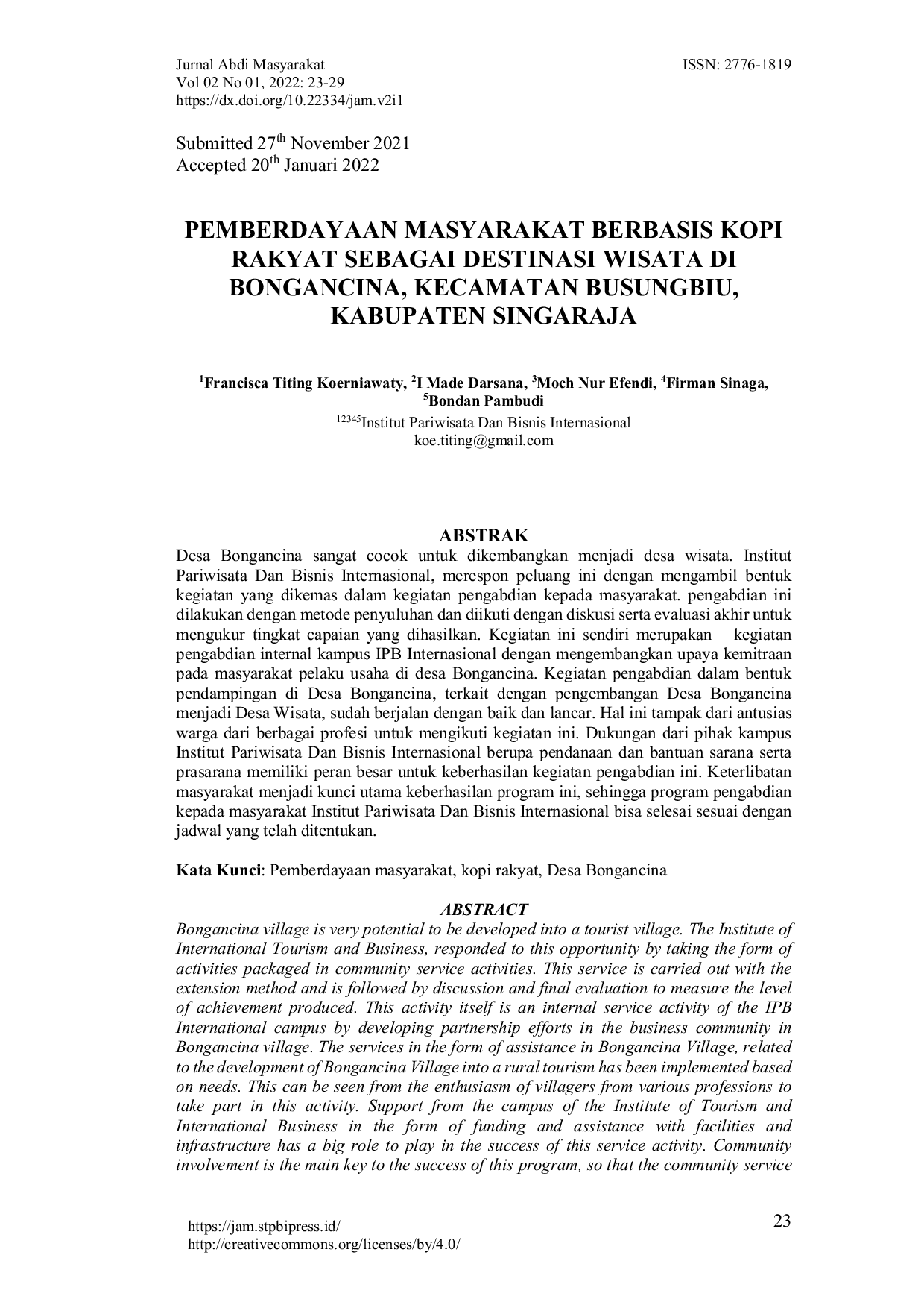 JURIS Pemberdayaan masyarakat berbasis kopi rakyat sebagai destinasi wisata di bongancina kecamatan busungbiu kabupaten singaraja